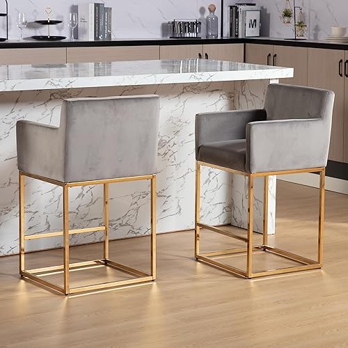 Miniatura 1 de Juego de 2 taburetes de bar tapizados de tela de terciopelo con respaldo y brazos, sillas de bar de metal, taburetes de cocina para isla, bar en