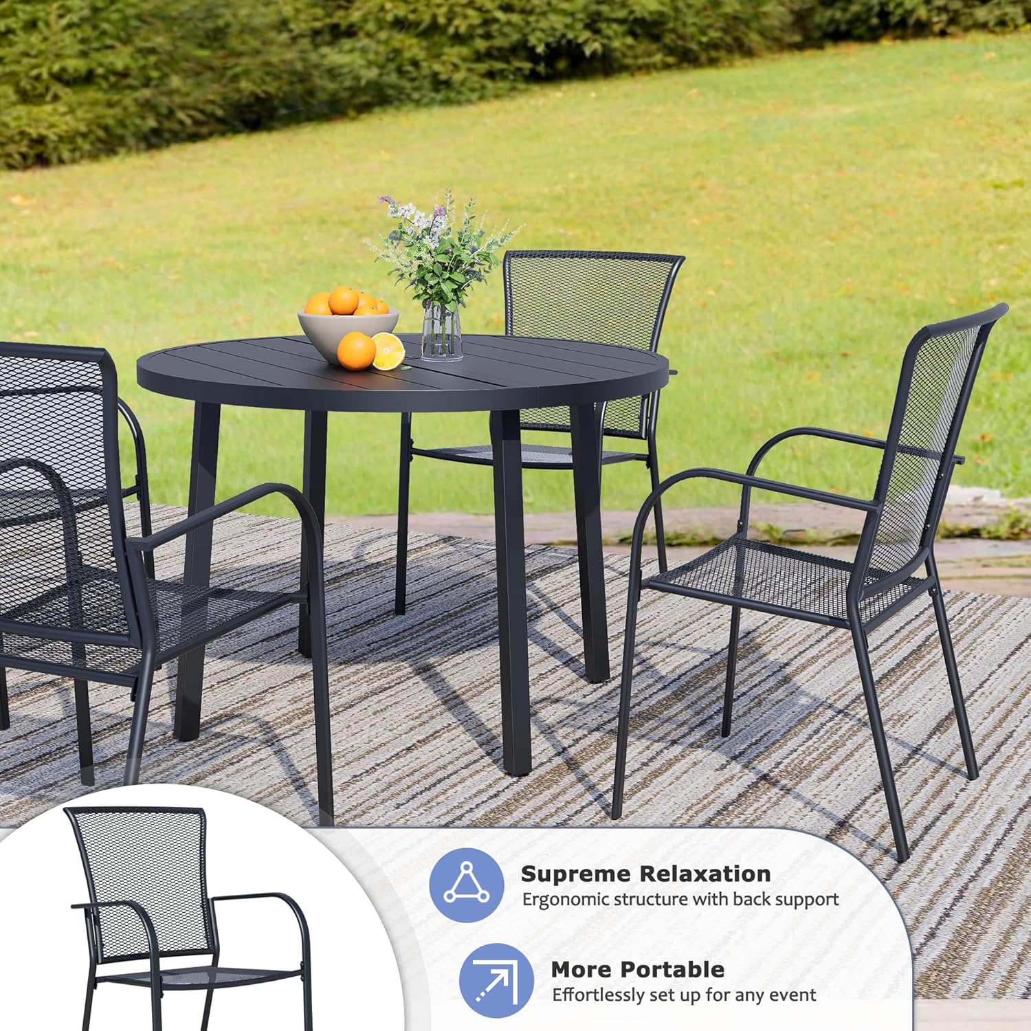 Outdoor Metal Patio Chairs Set of 6, Stackable Iron Mesh Dining Chairs with Armrests, All-Weather Bistro Chairs for Garden, Backyard, Porch, or Balcony