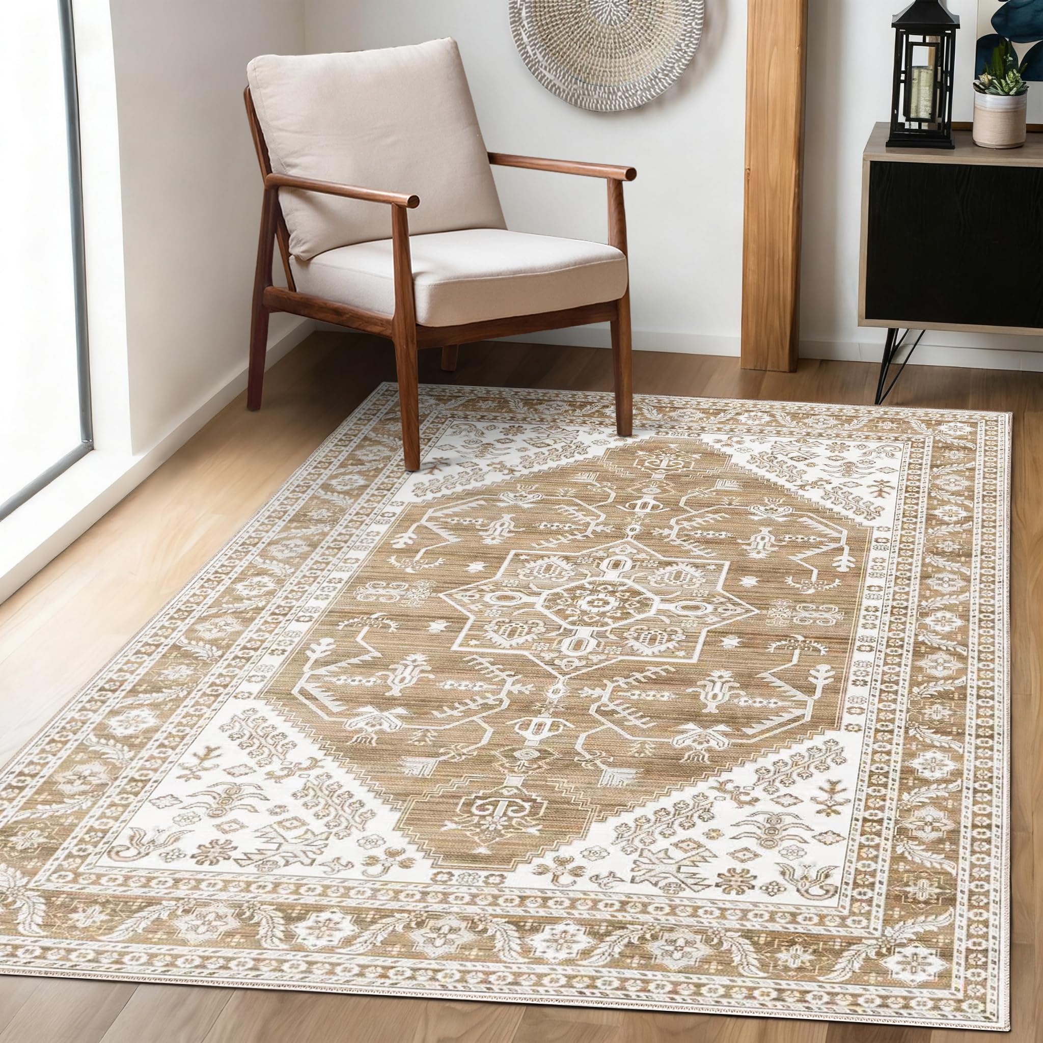 Achiiso Large Rugs for Living Room,140x200cm Non Slip Area Rug, Washable Short Pile Rugs for Bedroom, Kitchen, Hall, Lounge, Office, Dining Room, Indoor Vintage Low Pile Carpet,Yellow Brown