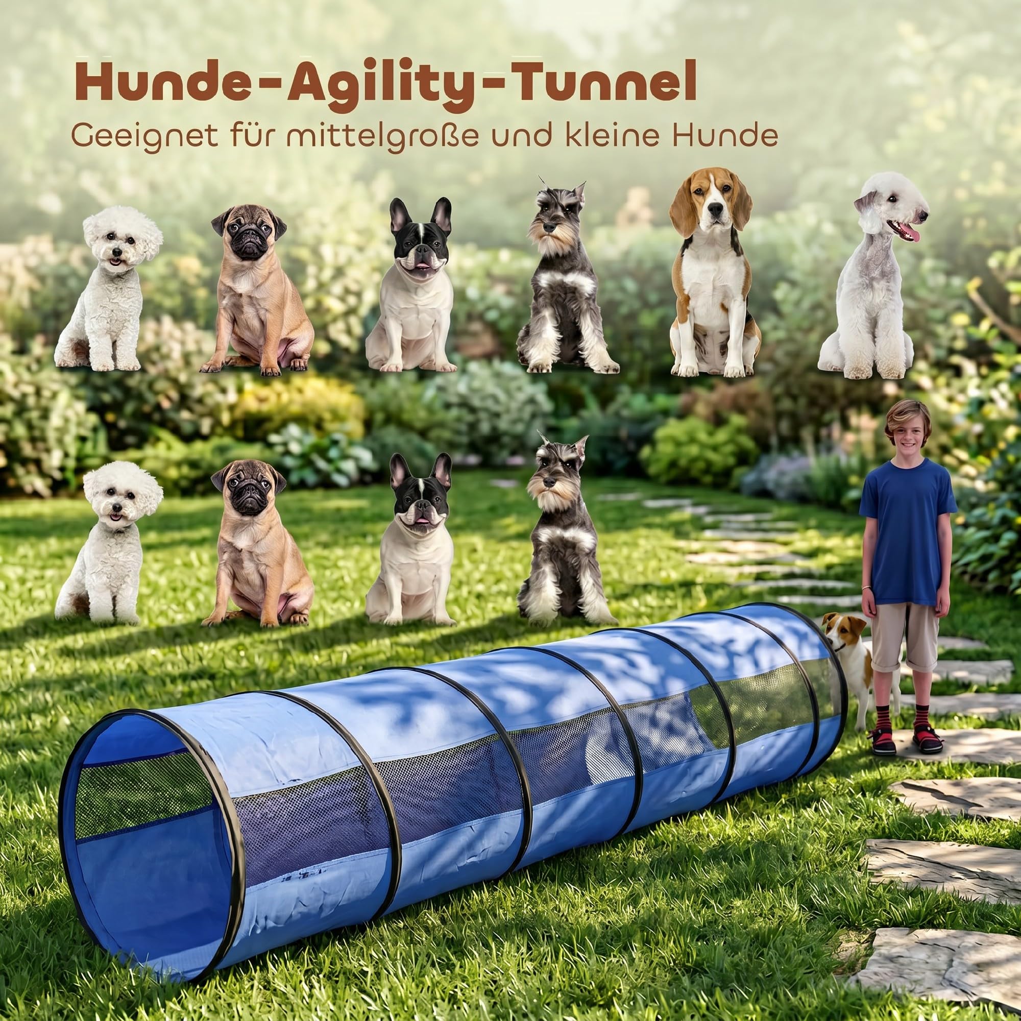 PawHut Hunde Agility Tunnel 300 x 50 cm Reißfester Hundetunnel mit 4 Bodenankern und Tragetasche Spieltunnel für kleine und mittelgroße Hunde Blau