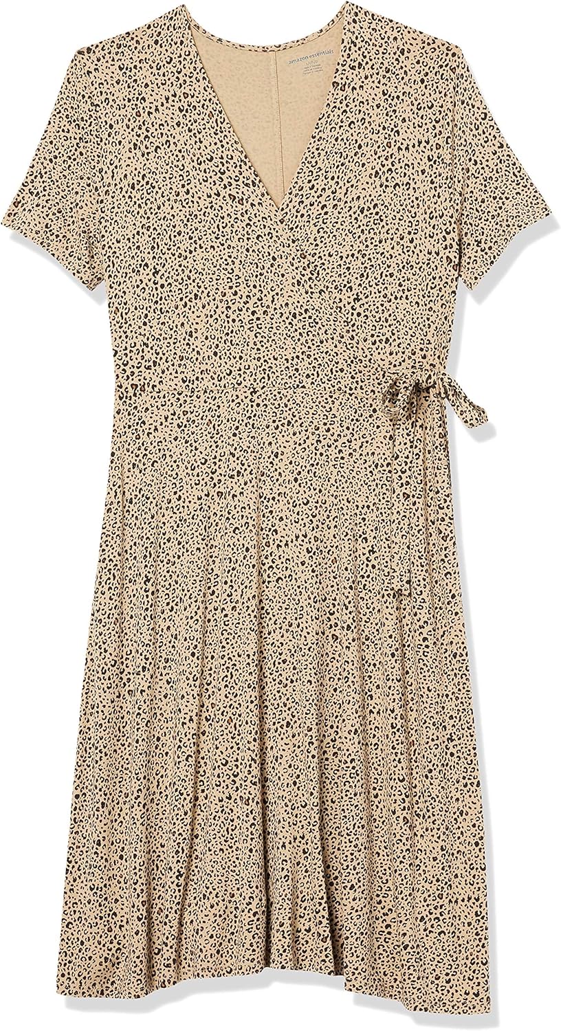 Amazon Essentials Women's Short Sleeve Faux-Wrap Dress Sustainably Sourced Rayon Blend Light Rose Leopard Print X-Large