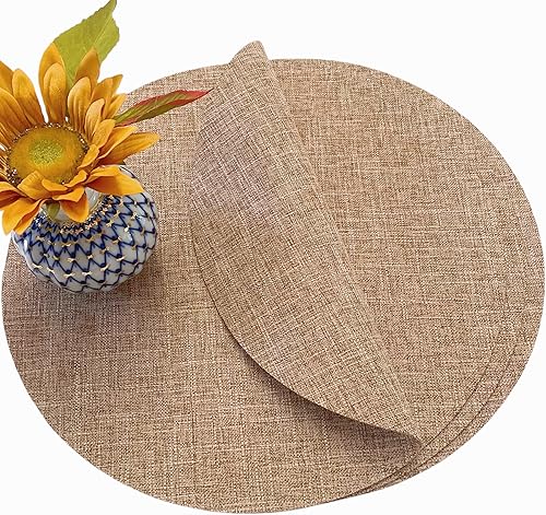 SLOW COW Juego de 4 manteles individuales redondos de lino para mesa de comedor, lavables a máquina, 15 pulgadas, lino natural