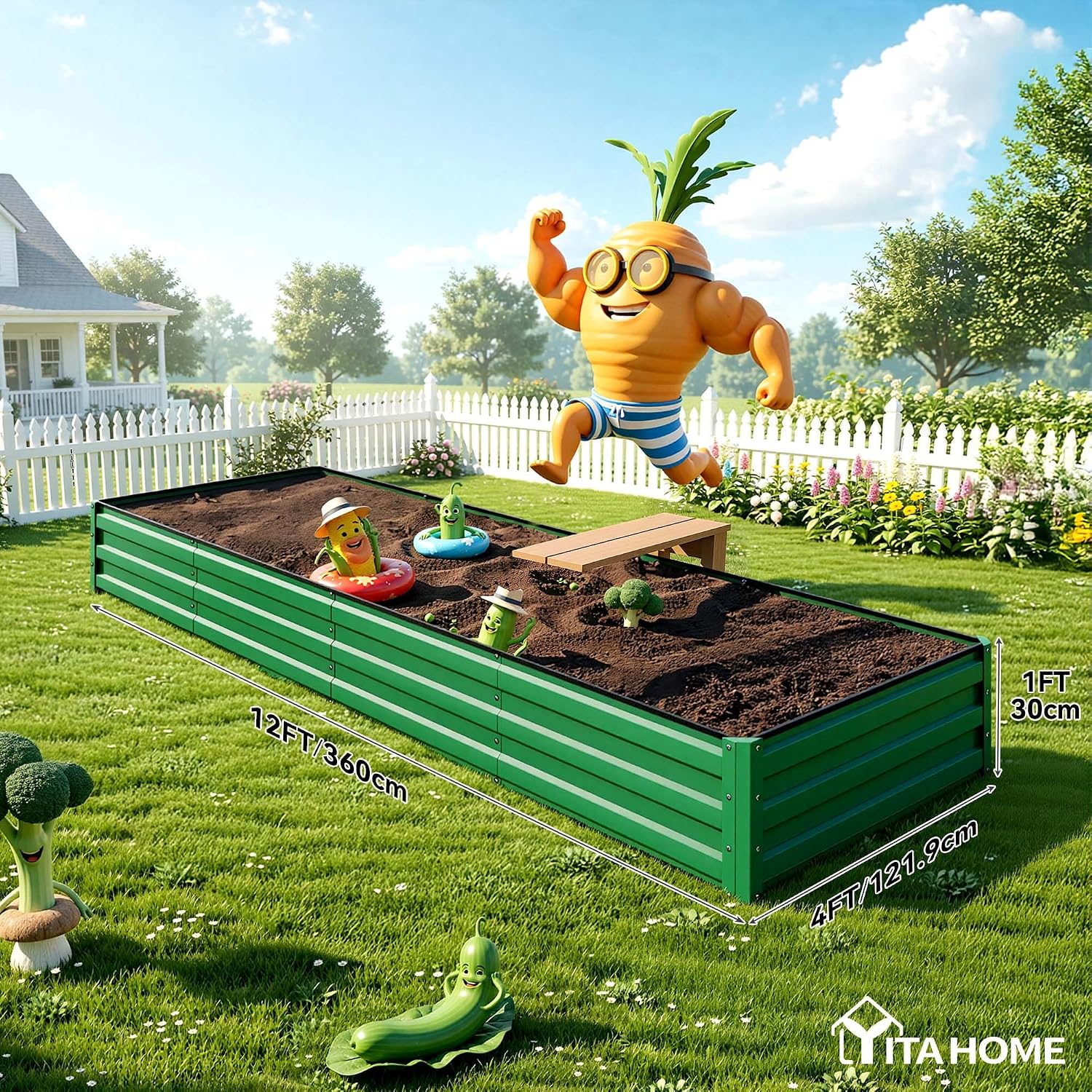 YITAHOME 12x4x1ft 2pcs Large Raised Garden Bed Kit, Galvanized Metal Planter Box with Gloves, Ground Nails, Support Rod, Outdoor Above Ground Planters for Plants Vegetables Flowers, Green Green 12x4x1ft 2pcs thumbnail 8