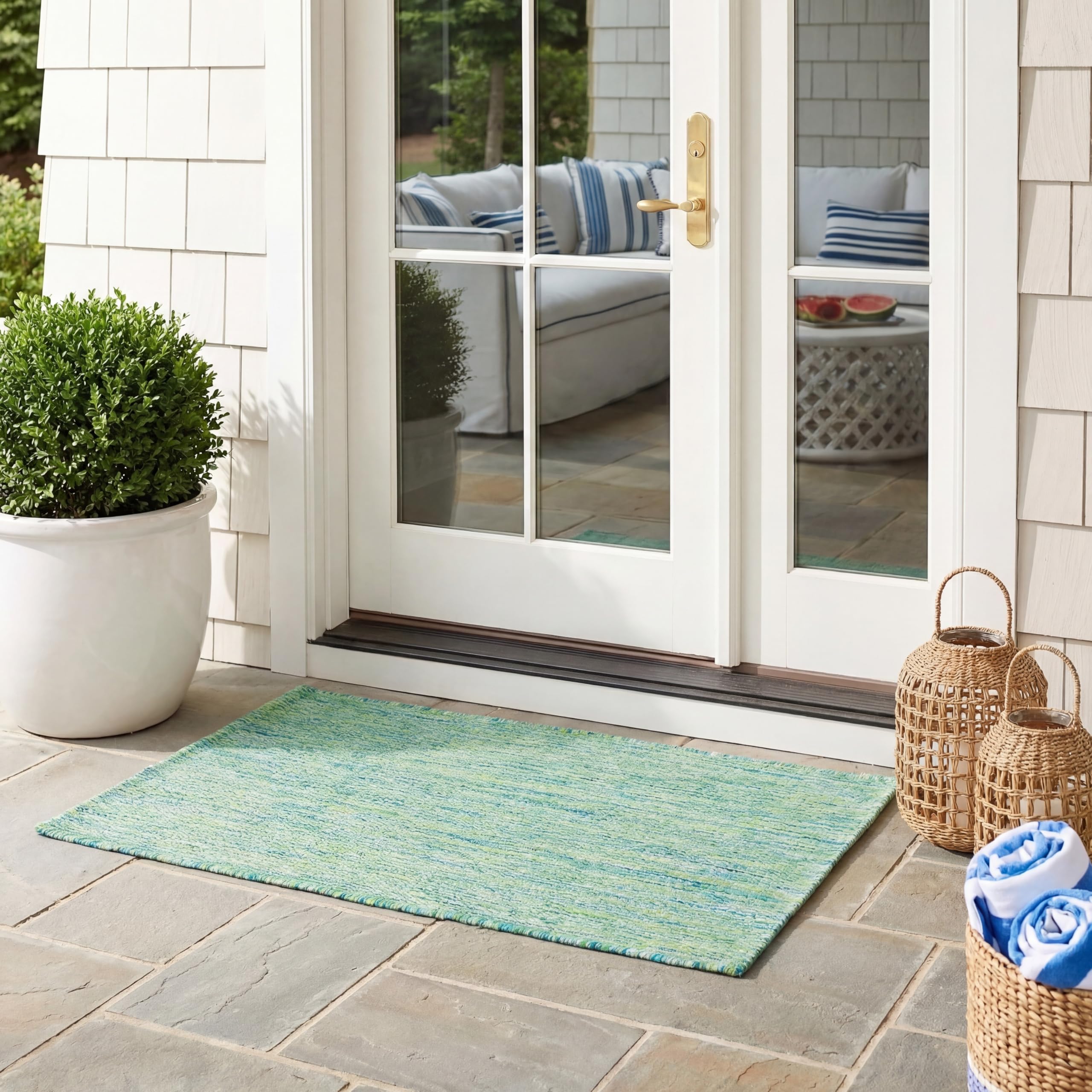 SAFAVIEH Courtyard Collection 2' x 3'7" Green/Blue CY8521 Indoor/ Outside Waterproof Easy cleansingPatio Backyard Mudroom Accent Mat