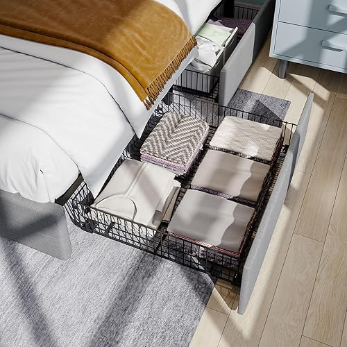 Miniatura 5 de SHA CERLIN Base de cama tapizada de tamaño matrimonial con 4 cajones de almacenamiento, cabecera ajustable con diseño de botones cosidos cuadrados,