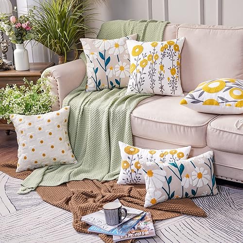Miniatura 7 de ARTMAGIC Fundas de almohada decorativas con bordado de margaritas florales para primavera y verano, funda de cojín cuadrada para sofá, cama, sala de