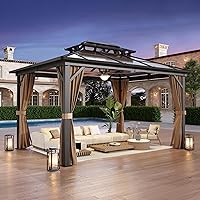 Vista 21 de MELLCOM Cenador de techo rígido de 12 x 14 pies, cenador de aluminio de doble techo de metal con cortina y red, pabellón de acero galvanizado