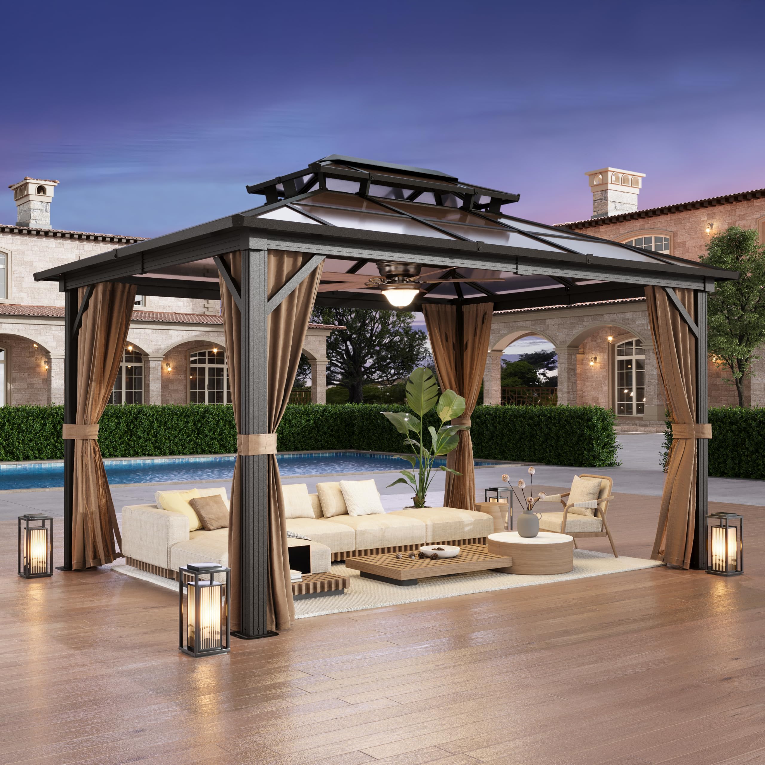 MELLCOM 10'x13' Hardtop Gazebo with Polycarbonate Double Roof, Aluminum Frame Outdoor Gazebo Permanent Pavilion with Curtains and Netting for Patio,