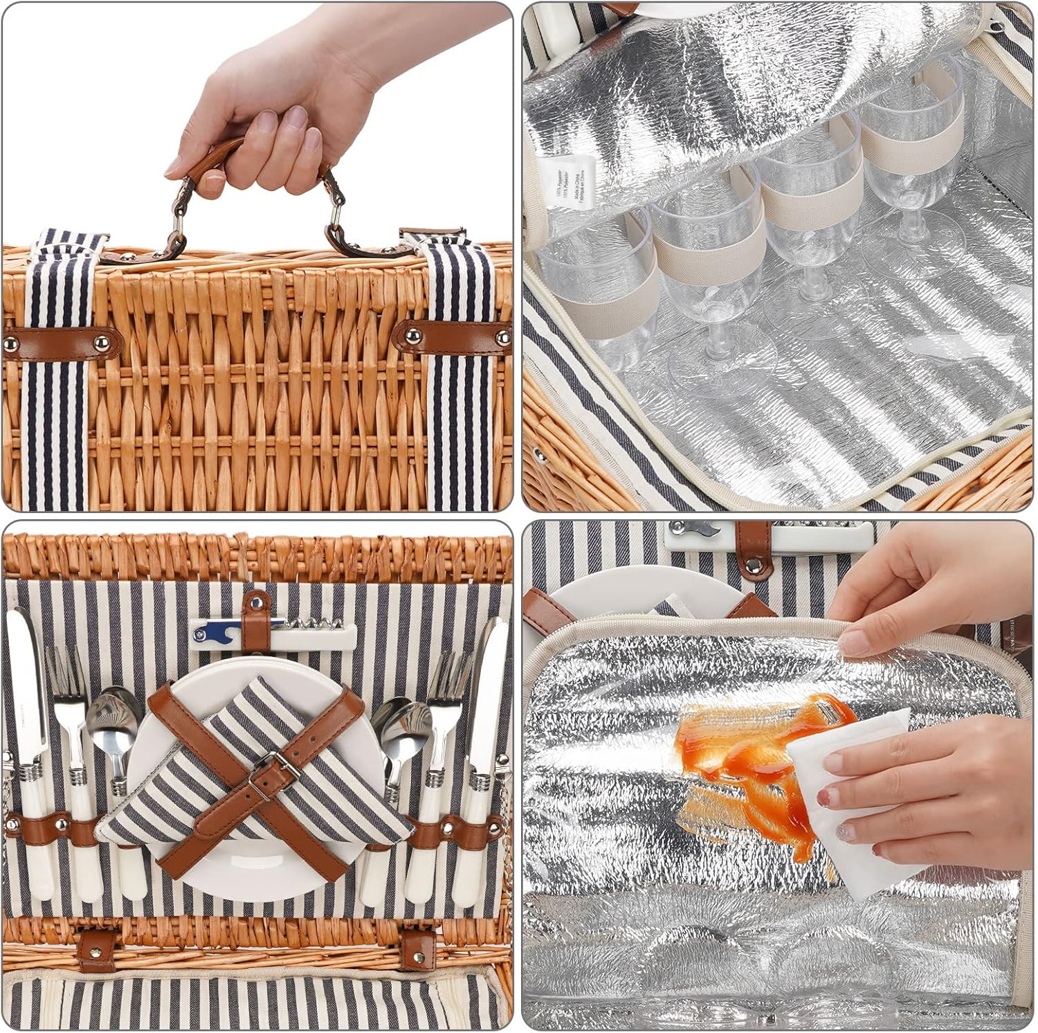 Wicker Picnic Basket Set for 4 Persons with Blanket,Handmade Willow Picnic Basket with Insulated Cooler & Cutlery Kit, Gift Basket for Couples,Valentine Day,Birthday, Wedding, Outdoor Party