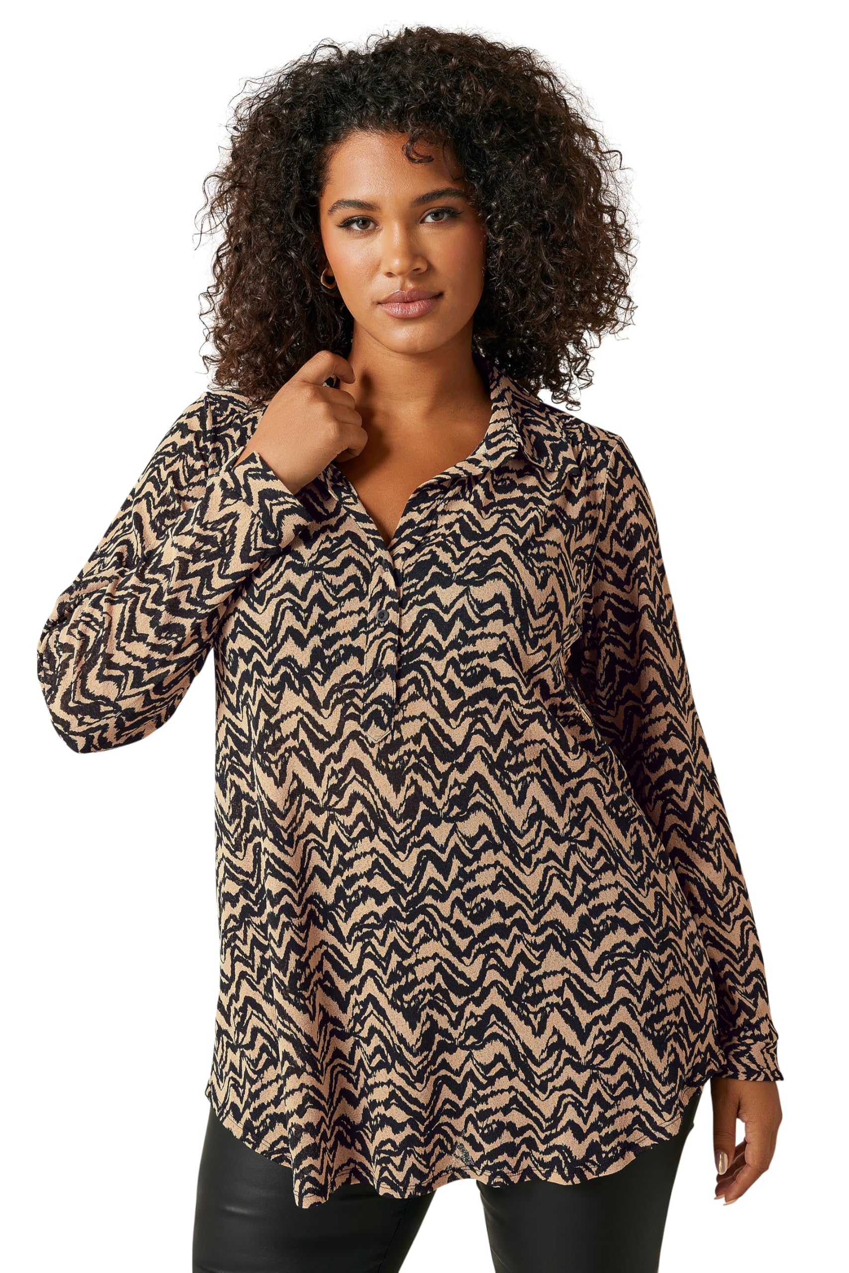 Evans Women's Brown Plus Natural Abstract Print Half Placket Shirt Size 18