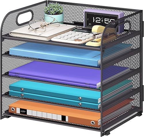 Miniatura 18 de Organizador de papel de 5 niveles con asa, organizador de escritorio de malla de metal plateado, carpeta de archivos, bandeja de papel para cartas,