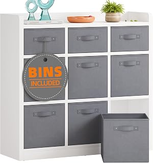 EnHomee Cube Storage Organizer with Bins Wooden Shelves White Cubby Storage 9 Cube Shelf Organizer for Clothes Toys, Cloest, Bedroom, Living Room,White Grey