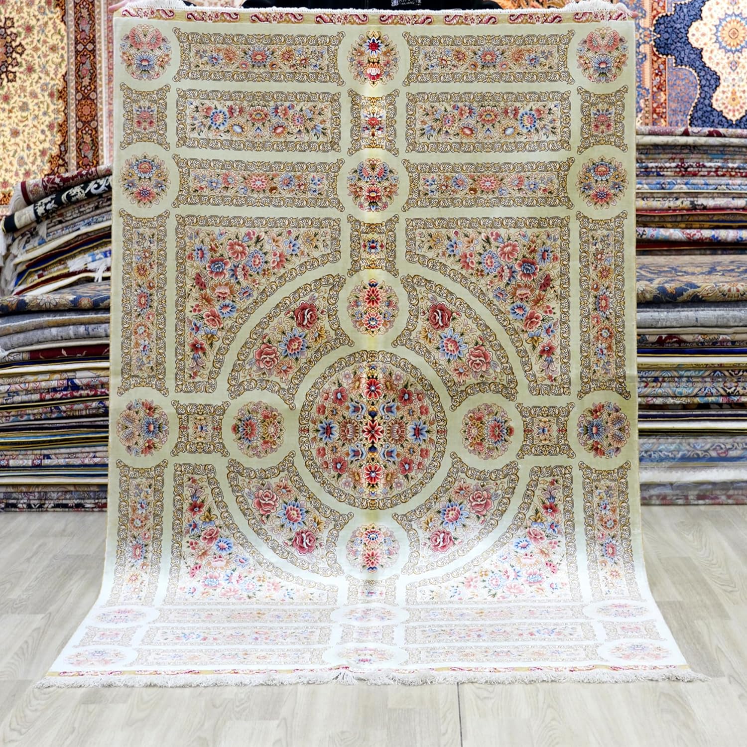 Yuchen Hand Knotted Carpet 4x6 Beige Hand Woven Traditional Medallion Vintage Luxury Oriental Silk Living Room Rug