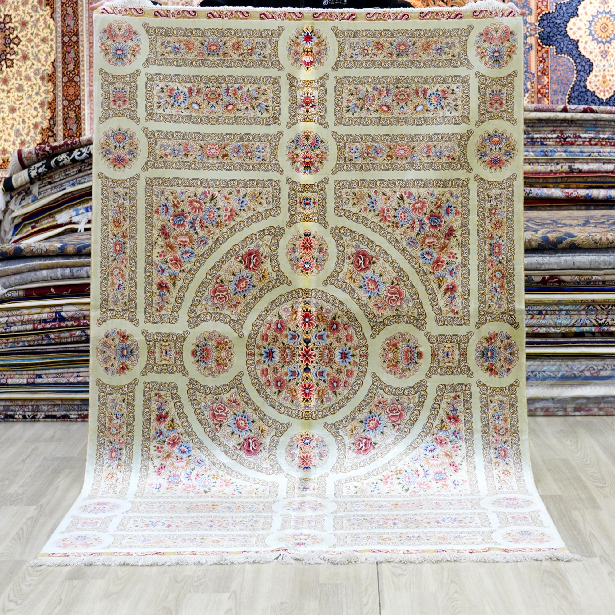 Yuchen Hand Knotted Carpet 4x6 Beige Hand Woven Traditional Medallion Vintage Luxury Oriental Silk Living Room Rug