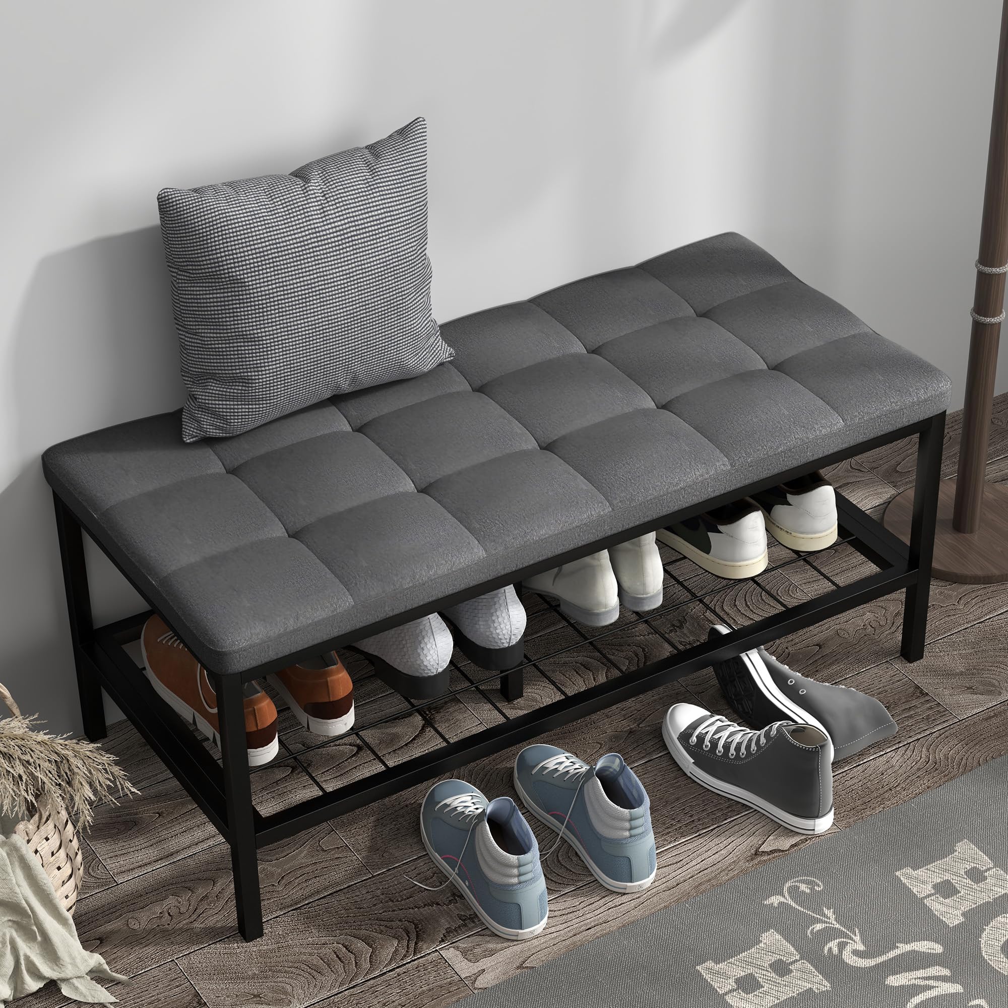 HOMCOM Schuhbank mit gepolstertem Kissen und Aufbewahrungsregal 90 x 41 x 40 cm grau