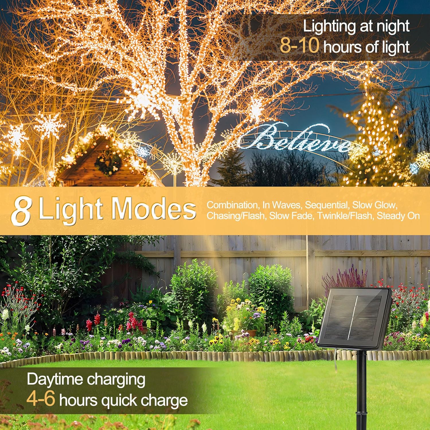 Solar Outdoor String Lights 4 Pack Extra Long 262FT 800LED Waterproof Copper Wire 8 Modes Solar Twinkle Lights for Christmas Tree Garden Party Wedding Decor Warm Whiter (4PC 800LED)