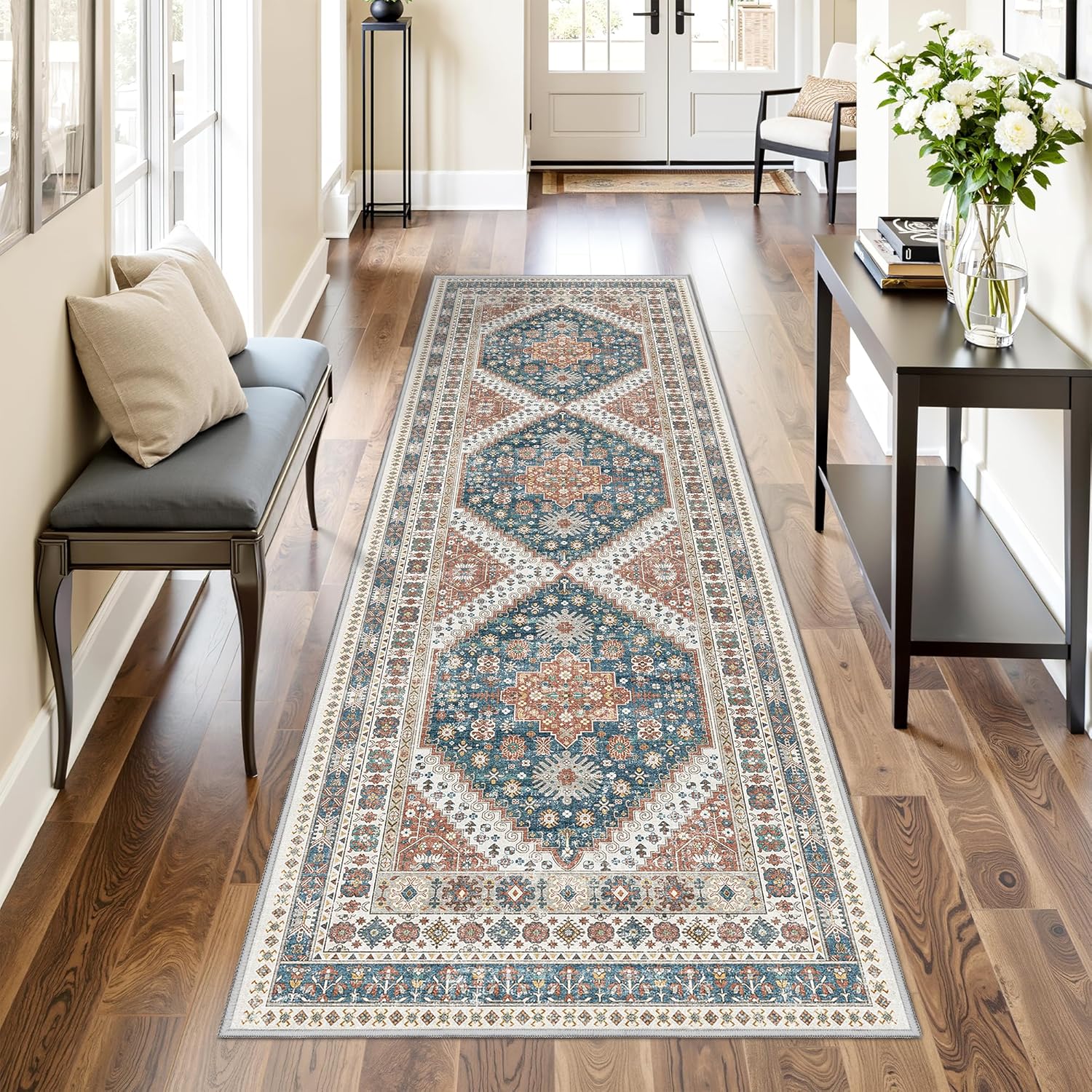 Kitchen Runner Rug Non Slip Washable 2.5x8, Soft Low Pile Entryway Rug Runners for Hallways,Carpet Runner for Living Room,Kitchen, Laundry, Bathroom(Blue/Red,2.5'x8')