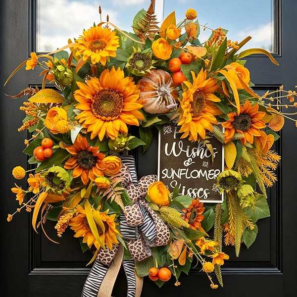 Fall Wreaths for Front Door 24 Inch, Autumn Harvest Wreath with Sunflower