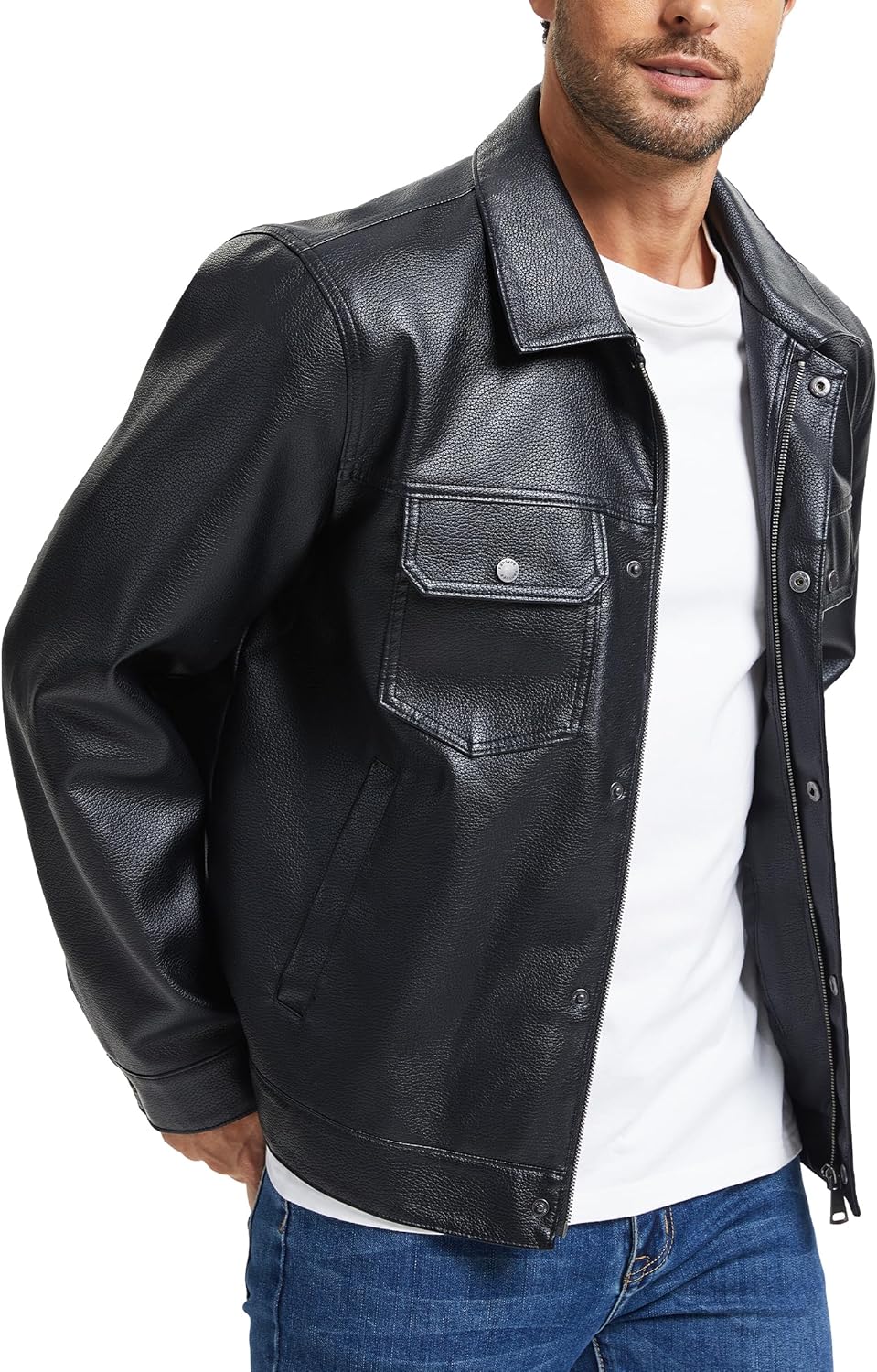 Fahsyee Leather Jacket Men Faux Lightweight Bomber Jackets Mens Motorcycle Vintage Lapel Coats with Zipper and Pockets - Image 8