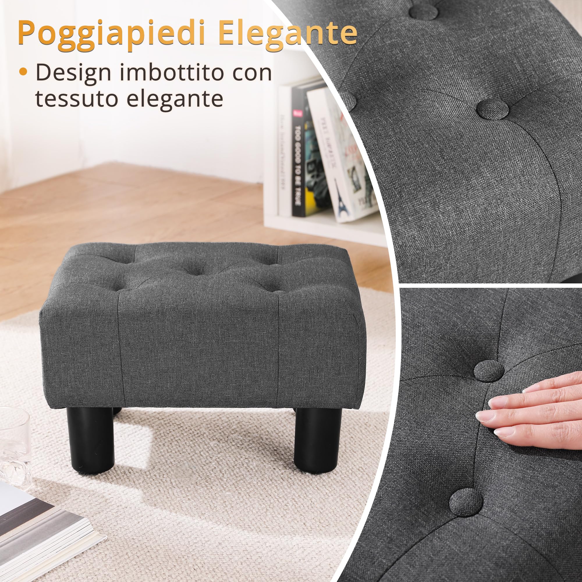 LUE BONA Pouf Poggiapiedi - Poggiapiedi Divano per Soggiorno, Camera da Letto e Dormitorio - Sgabello Basso, Moderno, Lino，Grigio Carbone