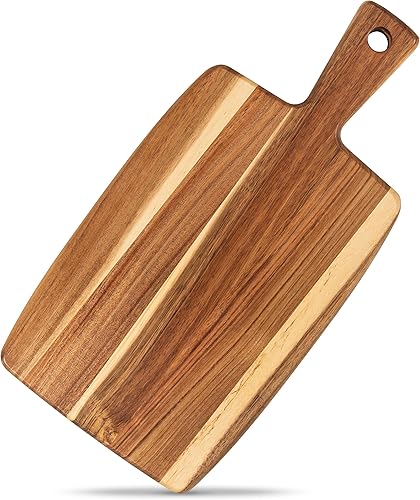 Vista 10 de Tabla de cortar de madera de acacia y tabla de cortar con mango para carne, tabla de queso, verduras, pan y embutidos – Tabla decorativa de madera