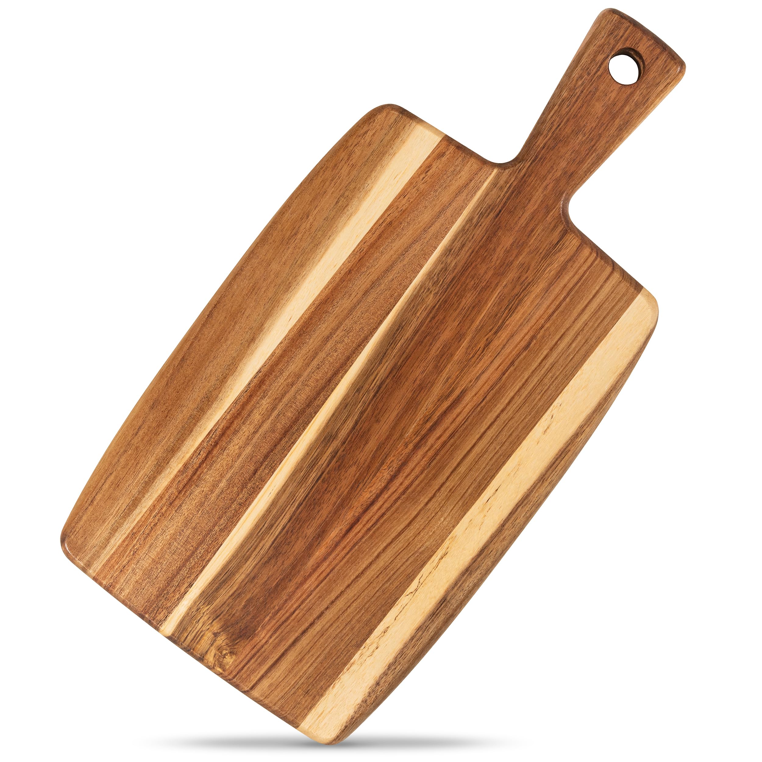 Acacia Wood Cutting Board and Chopping Board with Handle for Meat, Cheese Board, Vegetables, Bread, and Charcuterie - Decorative Wooden Serving Board for Kitchen and Dining Room, 16" x 8"