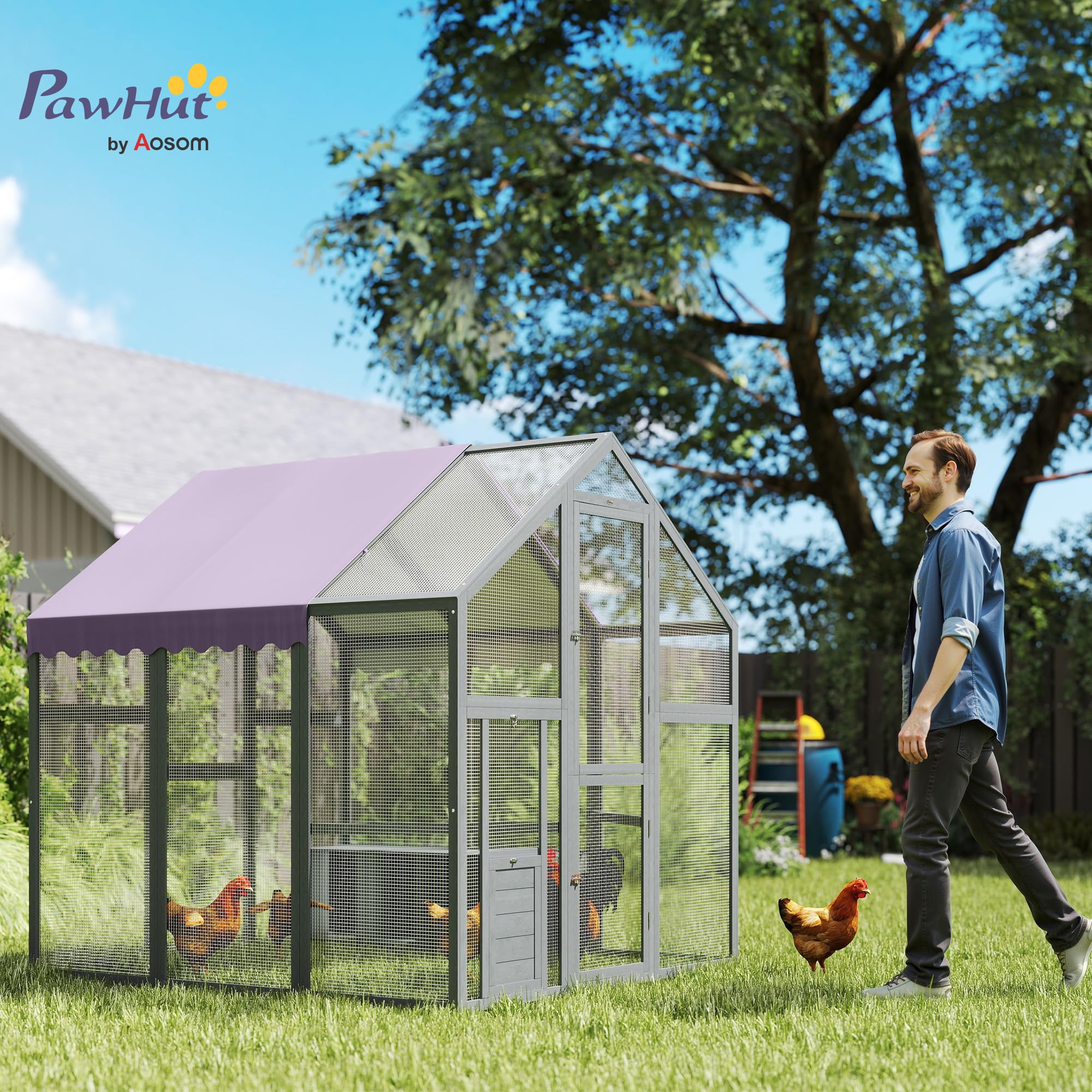 PawHut Hühnerstall 3,07㎡ 1,7 x 1,8 x 1,8 m Freilaufgehege Holz mit wasserdichtem Tuch, Sicherheitsschloss, Doppeltür, 2 Nistkasten, 2 Sitzstange, Hühnergehege für 6-8 Hühner, Enten, Gänse, Kaninchen