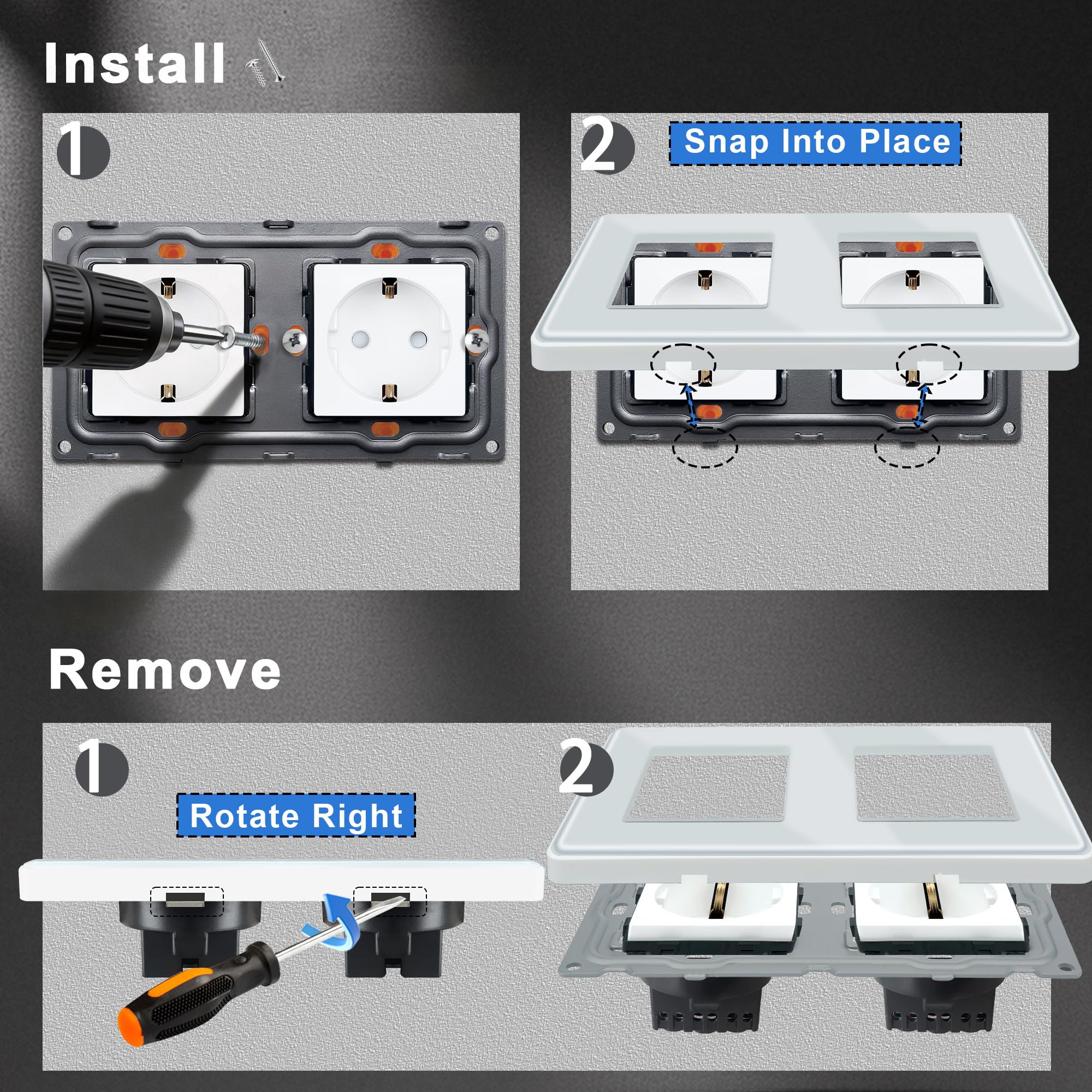 TAWOIA Lot de 6 prises Schuko encastrées à 2 compartiments standard de l'UE avec plaque en verre incurvé 2,5D, prises murales blanches 86 x 157 mm