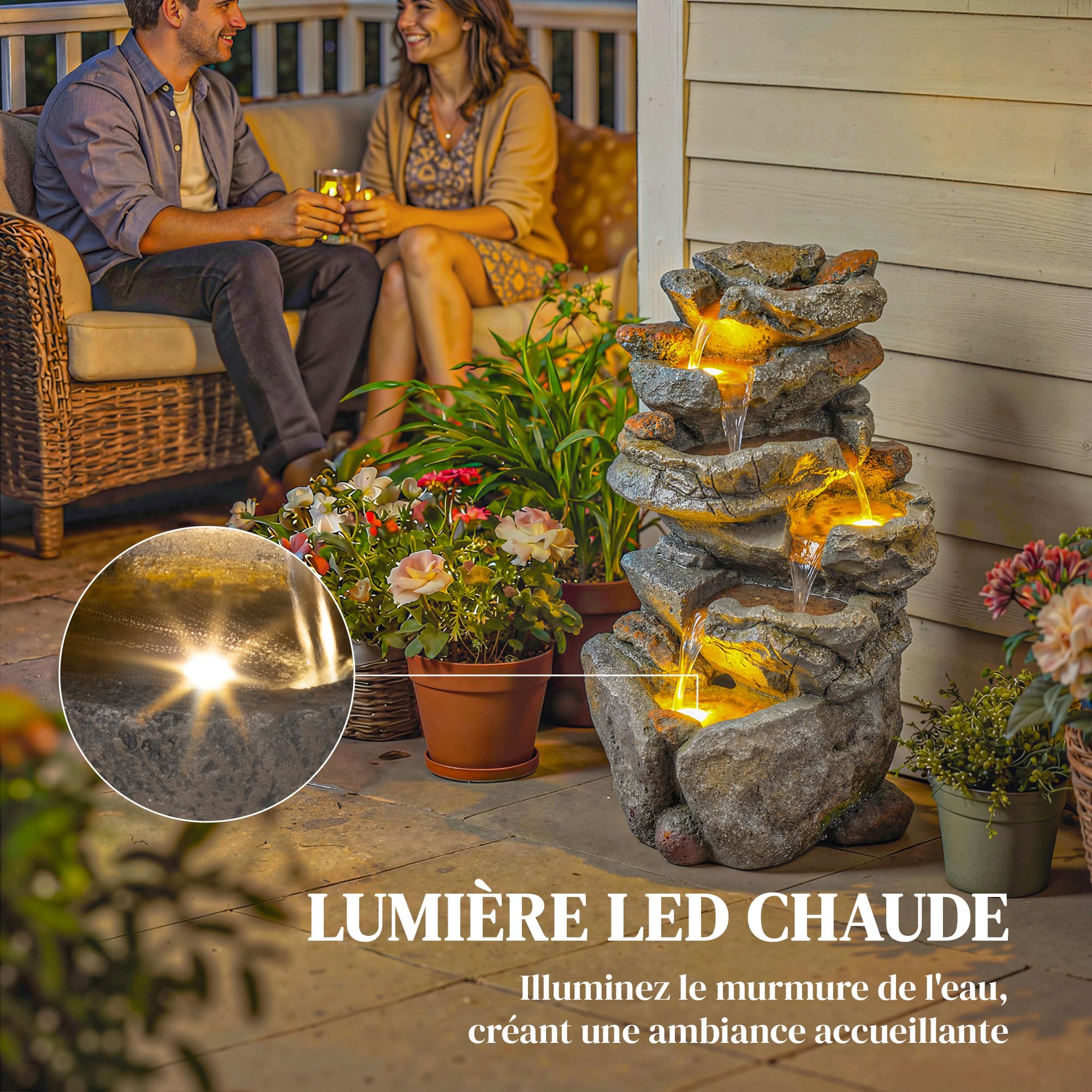 Outsunny Fontaine de Jardin Cascade 6 Niveaux - Décoration de Jardin Zen Résine Pierre Naturelle - 53cm Cascade d'eau Lumineuse LED pour Terrasse, Balcon et Extérieur, Gris