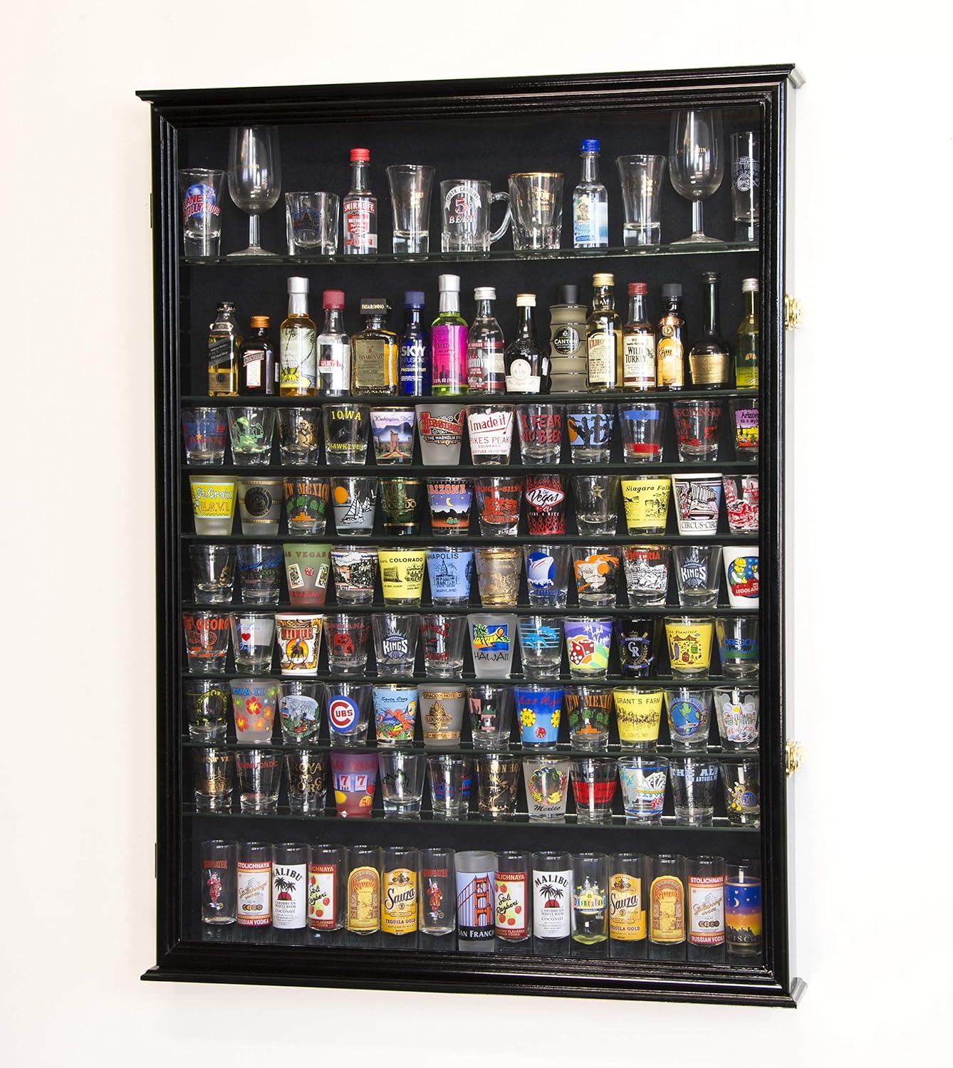 XL Shot Glass Display Case Rack Holder Cabinet for Tall Shooter and Mini Liquor Bottle