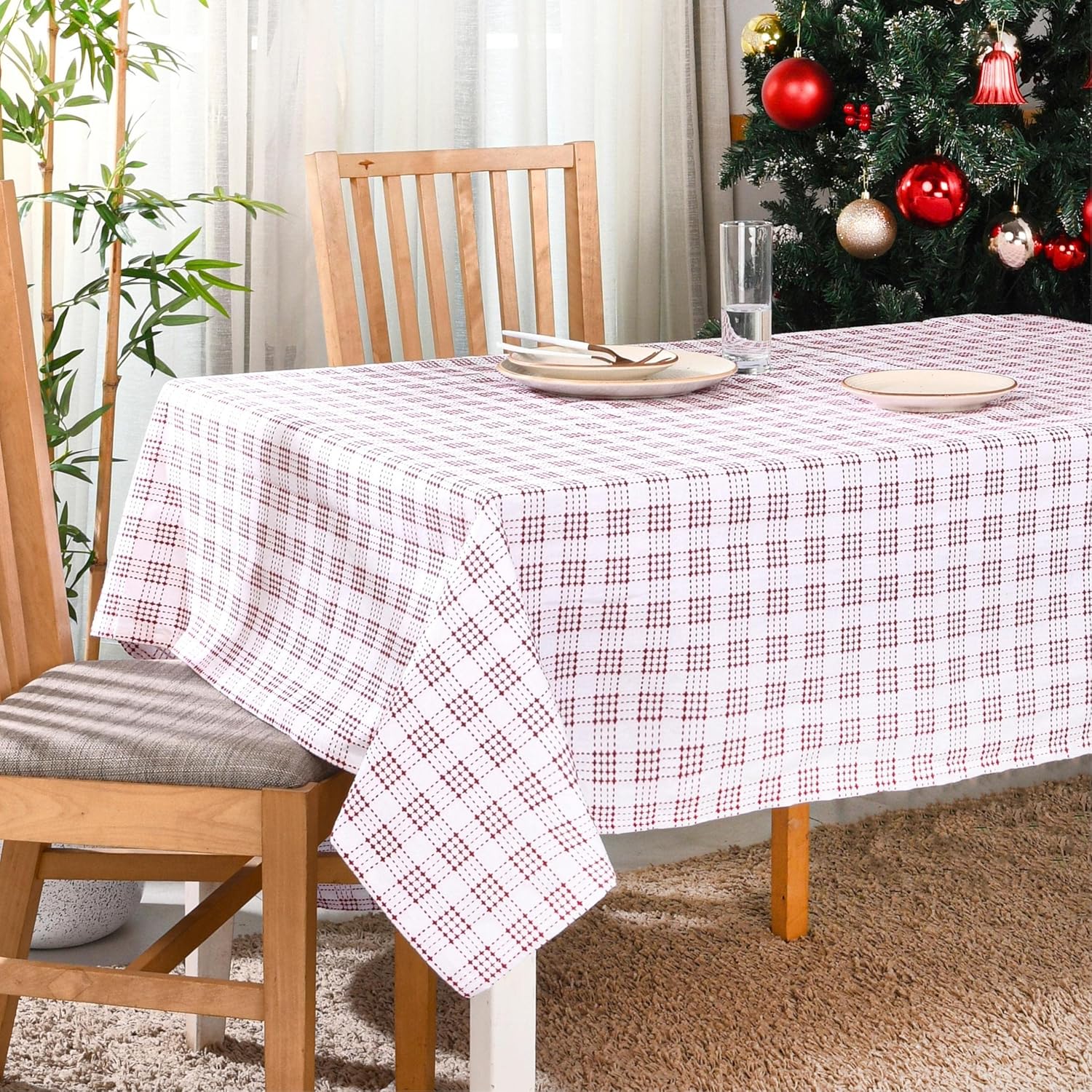 Folkulture Christmas White Table Cloth for Gifting, 60 x 84 Inches, 100% Cotton Rectangle Table Cloth for Holiday Dining, Boho Décor for Home Décor Lovers (Seasons - Red)