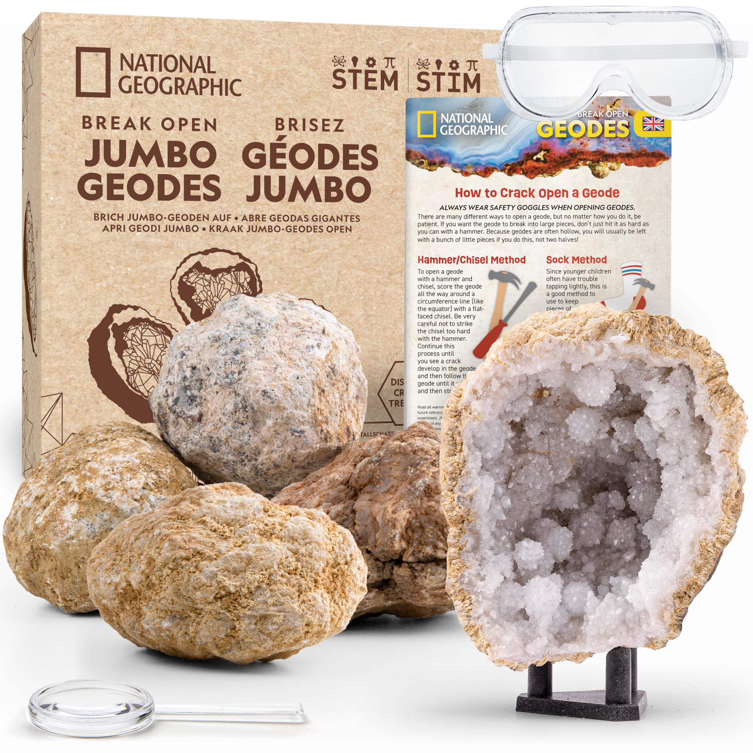 National Geographic Kit de Geodas Jumbo para Romper – Regalo de Ciencias CTIM para Niños y Niñas, Rompe Tus Propias Geodas + Gafas de Protección & Soporte de Exhibición