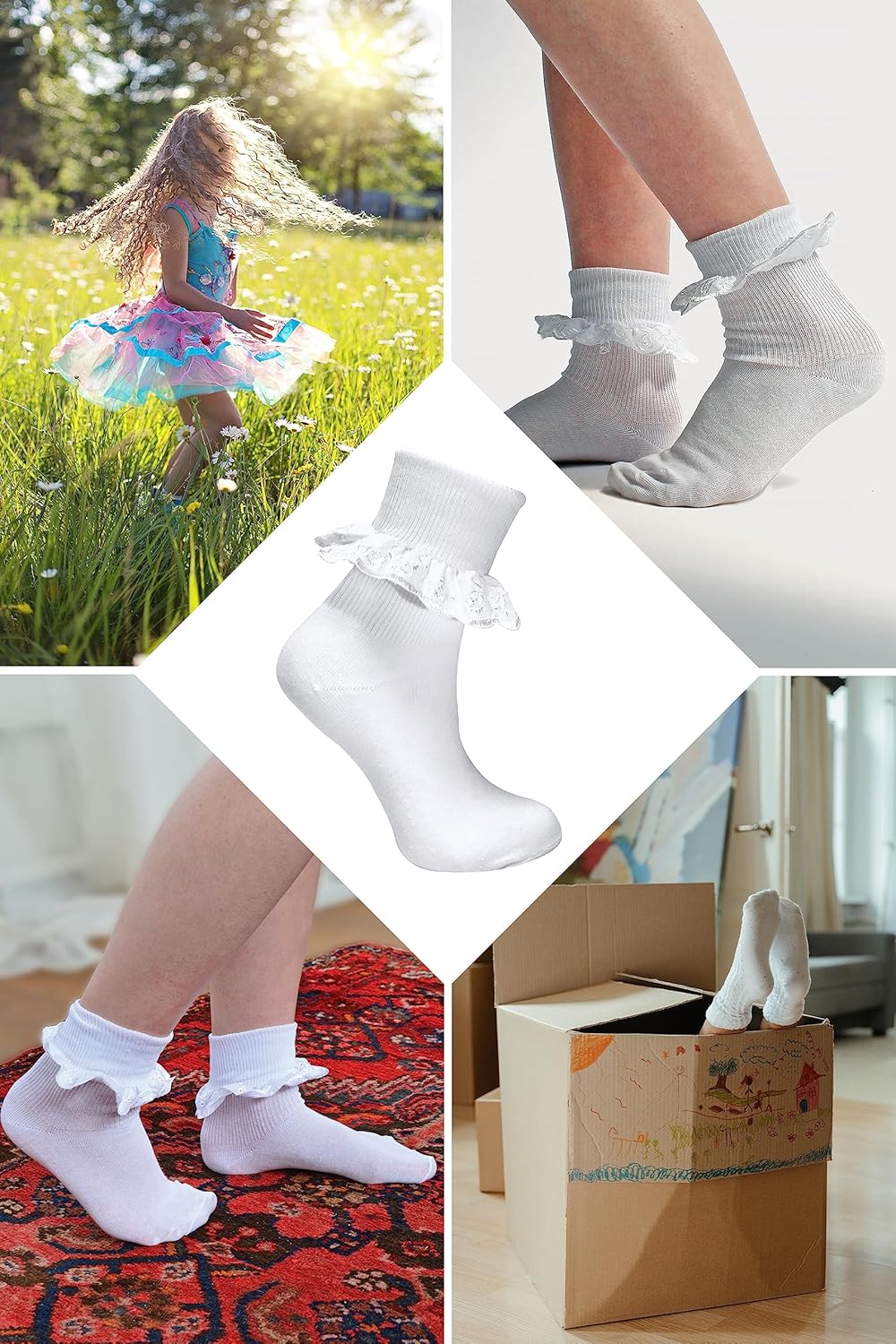 12 Pairs Baby Girl White Socks with Lace | Ruffle Frilly Ankle Dress Sock