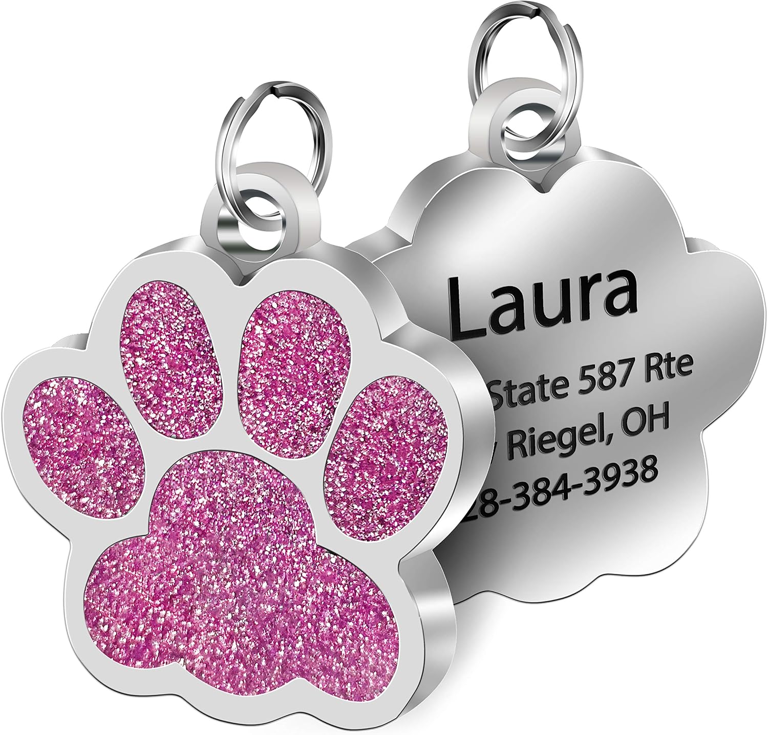 SpecialYou Glitter Paw Custom Pet ID Tag with Laser Etched on Stainless Steel, Engrave Personalized Text for Dogs Cats (Pink)