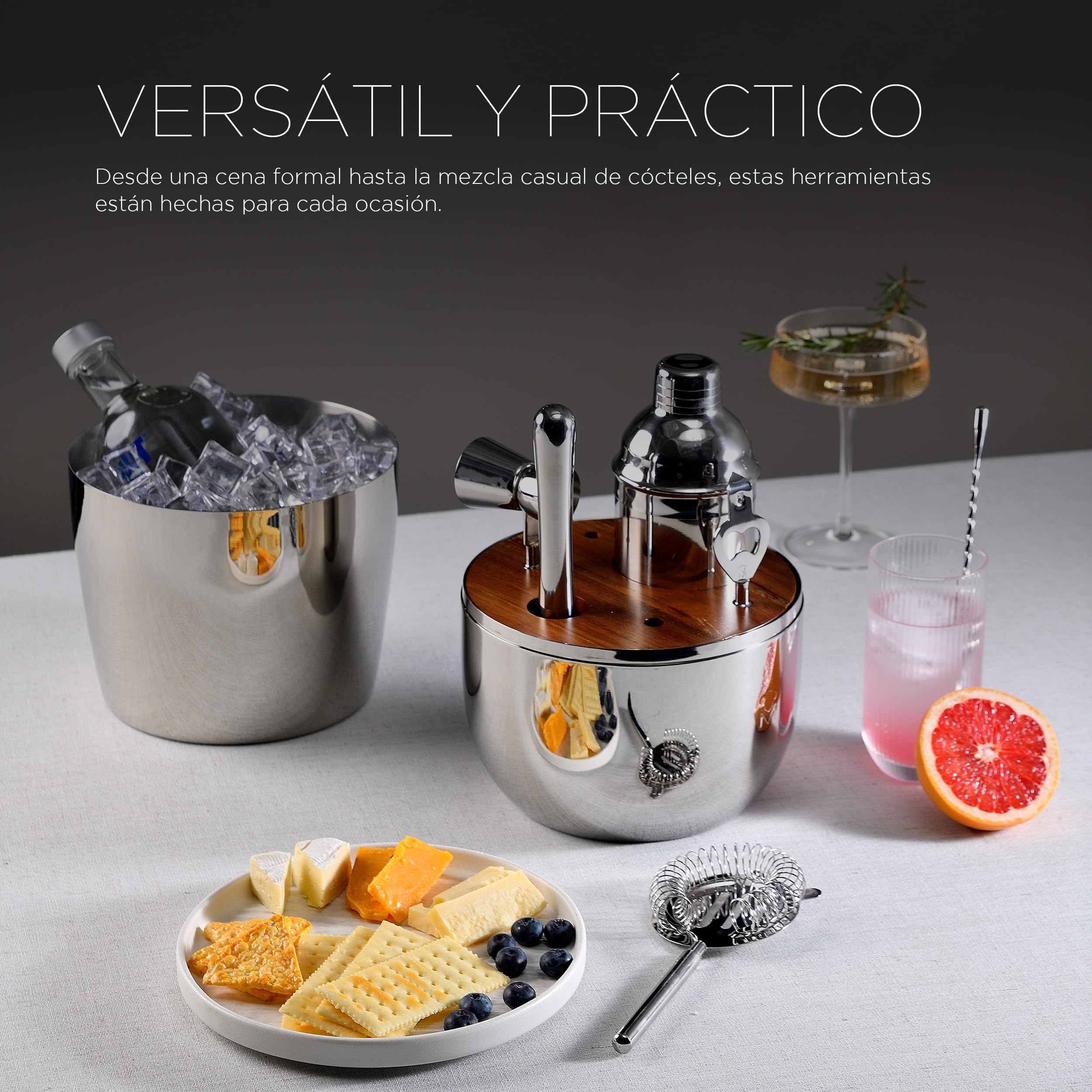 MasterPRO The Drop - Juego de 6 Piezas de Cóctel Acero INOX - Incluye Colador, Abrebotellas, Cuchara Larga, Coctelera, Jigger, Triturador - Elegante y Profesional