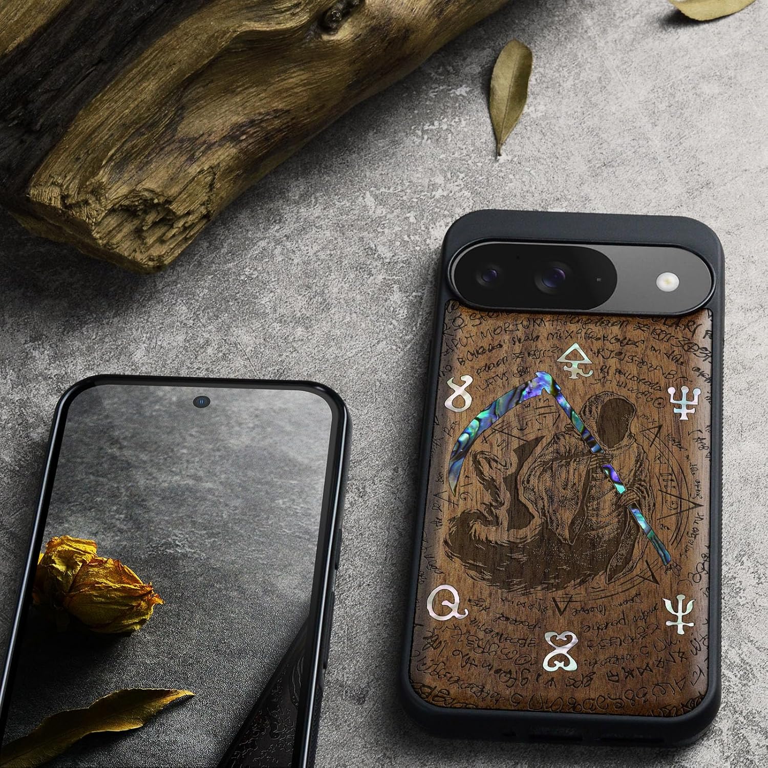 Carveit Magnetic Wooden Case for Google Pixel 9 Case, Wood Artisan Engraved & Handmade Shell Inlaid, Compatible with MagSafe Wireless Chargers, The Grim Reaper of Carved - Walnut