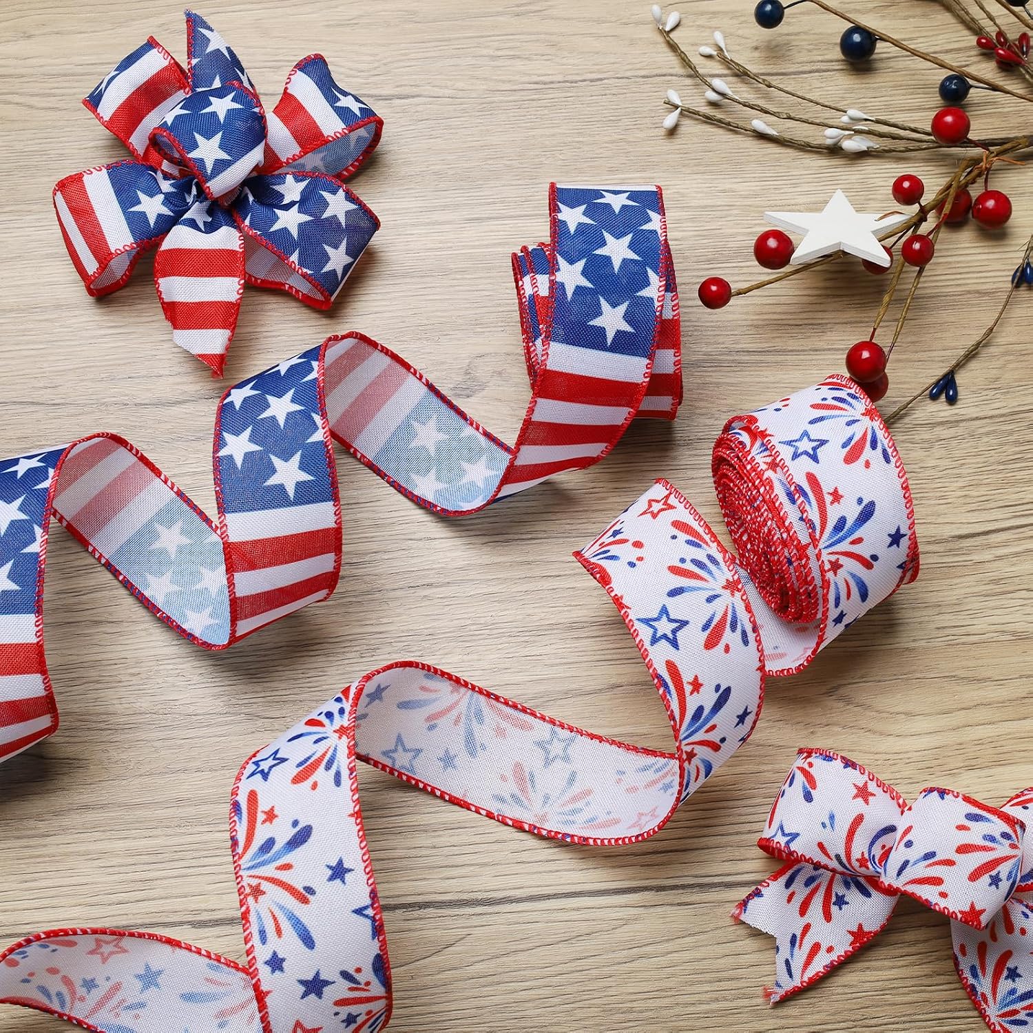LaRibbons Patriotic Ribbon Wired 2 Rolls 1.5 Inch x 20 Yards TTL, Red White Blue Fireworks & American Flag Ribbon for 4th of July, 250th Anniversary, Independence Day Wreath Gift Wrapping Crafts