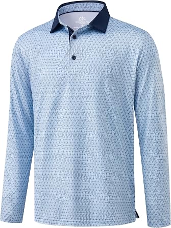 Obla Mens Long Sleeve Golf Shirts Dry Fit Print Polo UPF50+ Sun Shirts