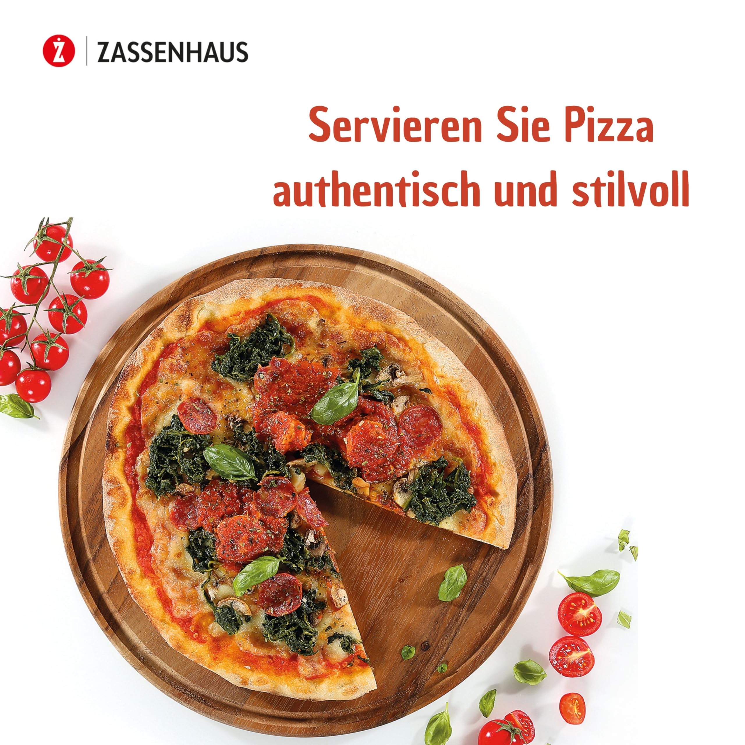 Zassenhaus Piatto per Pizza in Legno di Acacia - Diametro 33 cm, Coltivato in Modo Sostenibile - Vassoio Rotondo con Scanalatura per Servire Pizza o Torte Fiamme - Tagliere