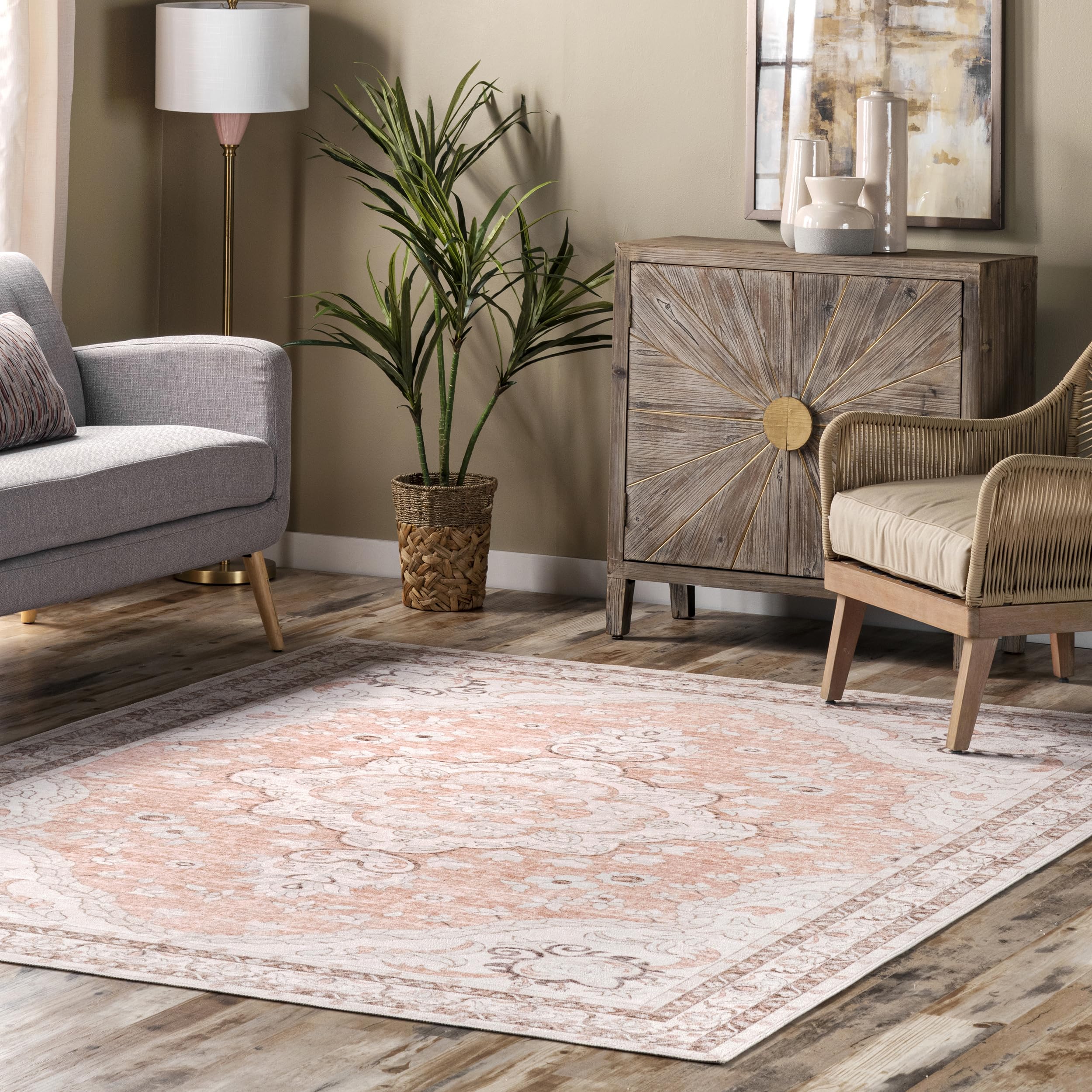 Tracie Machine Washable Floral Medallion Area Rug, 5' x 8', Peach