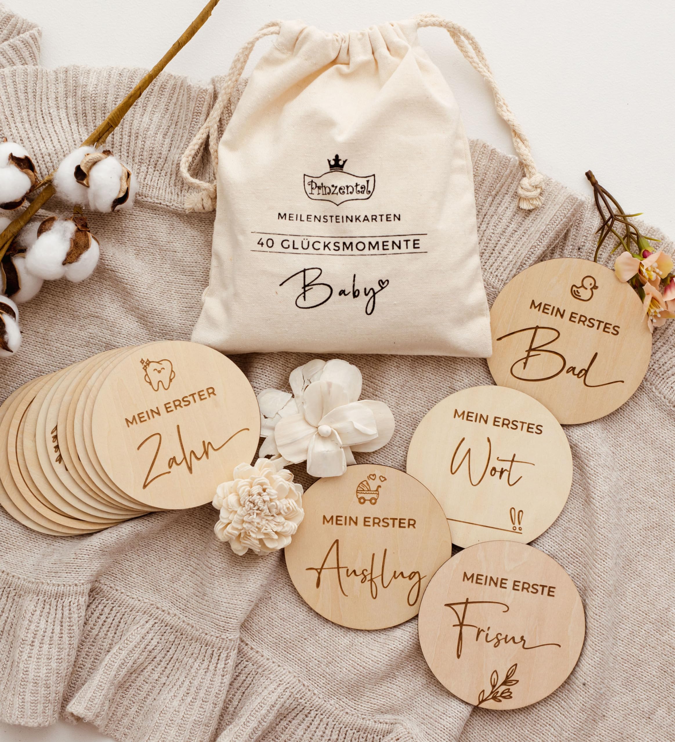 Prinzental Meilensteinkarten Baby aus Holz | 40 Meilensteine auf edlen Holzscheiben | Mit Blanko Karte und Stoffbeutel | Geschenk zur Schwangerschaft | Zeitloses Design & Premium Qualität