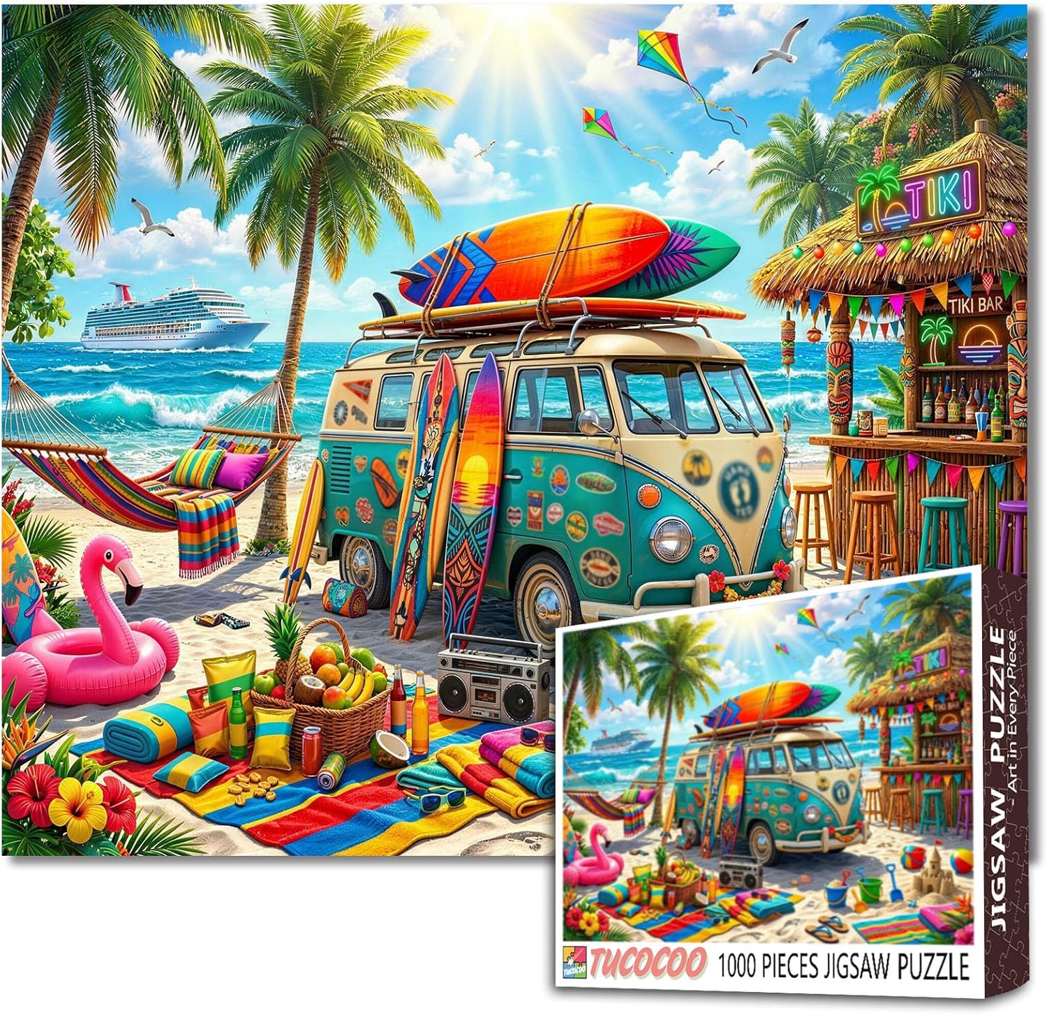 Seascape Jigsaw Puzzles 1000 Pieces for Adults,Families(Sea,Sunset,Wooden House,Wooden Boat,Seagull) Pieces Fit Together Perfectly 19.7''x27.6''inch Tropical Landscape Frameable Magic Puzzle Art Gift