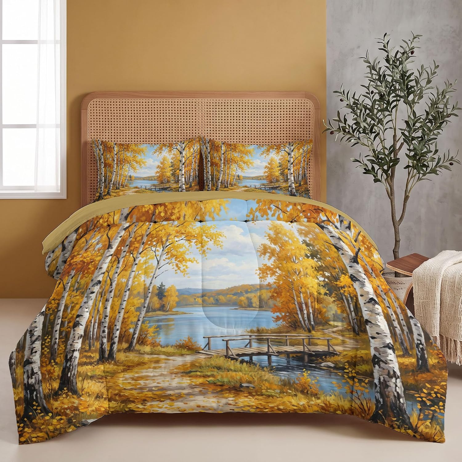 Autumn Scenery Comforter Set Full Size, Birch Tree Lake Print Breathable Bedding Set for Girls Boys Teens, Golden Yellow Quilt Duvet with 2 Pillow Cases