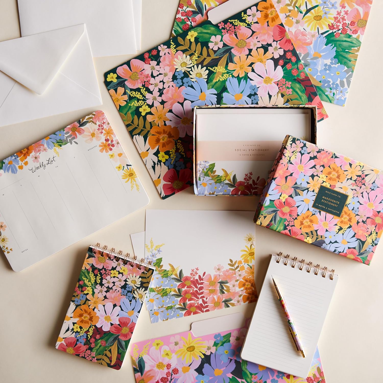 RIFLE PAPER CO. Small Top Spiral Notebook | 150 Ruled Pages, 400 GSM Uncoated Wood-Free Paper, Full Color Cover Features Metallic Gold Foil Accents (6.75" L × 4.375" W), Marguerite