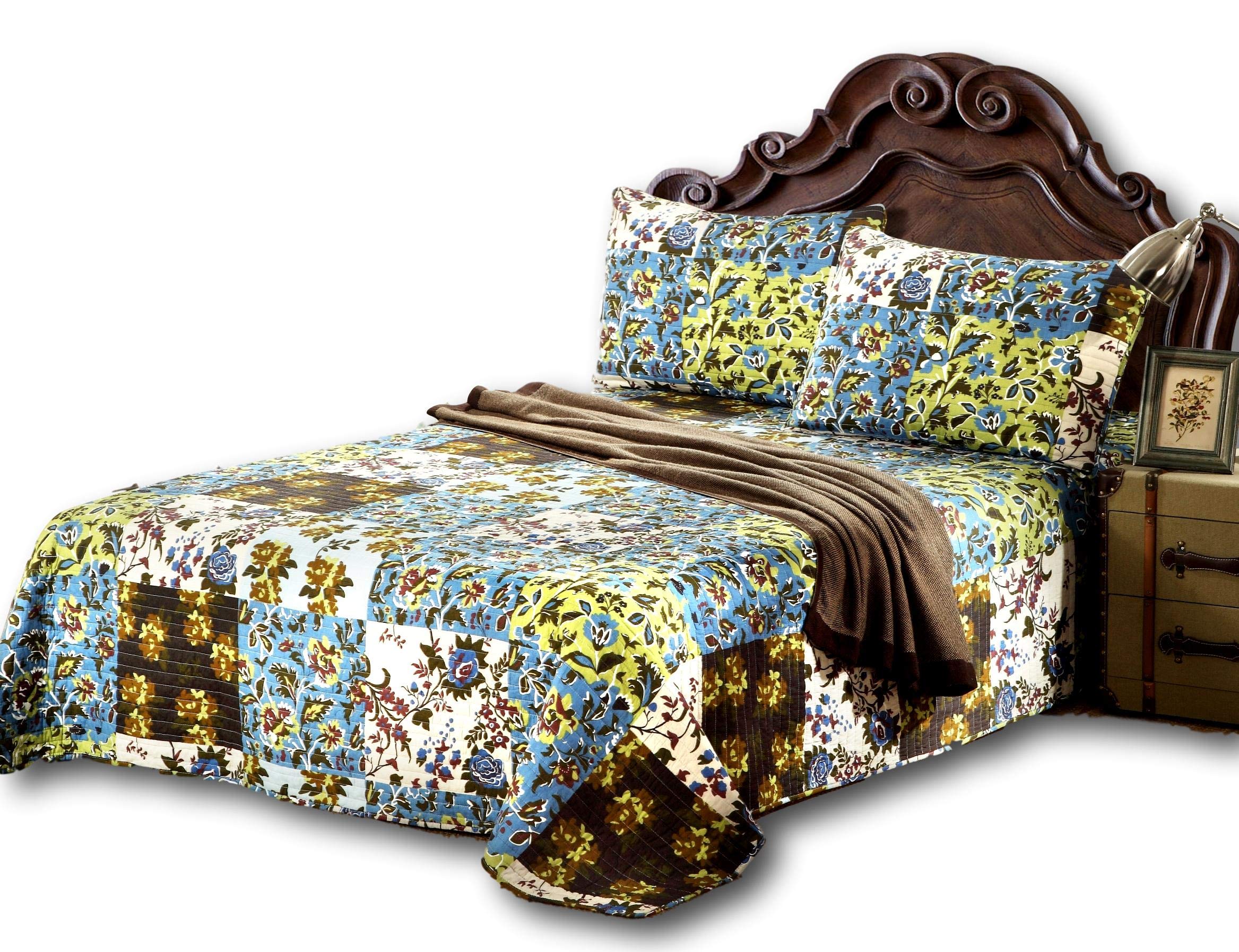 KST1504-Cal King 3 Piece 100% Cotton Floral Blue Mystical Autumn Leaves Reversible Bedspread Quilt Set, California King
