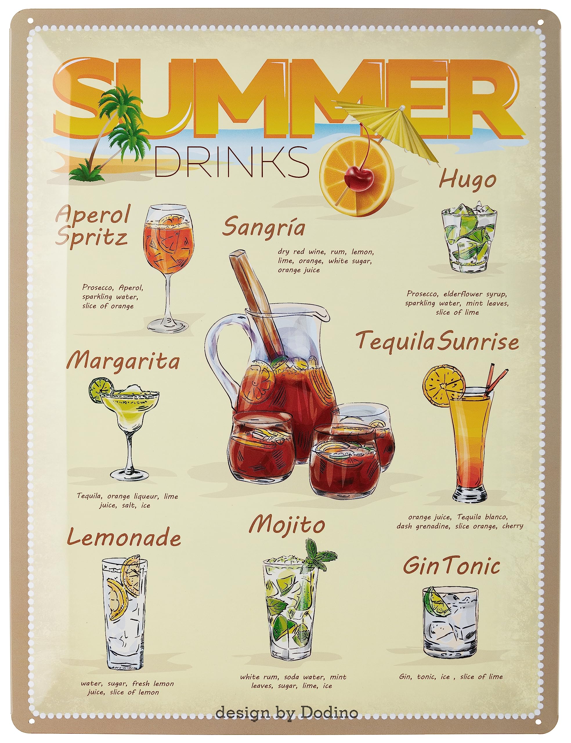 Dodino Summer Cocktails Drinks 30 X 40 Cm Tin Signs Summer Drinks Menu Recipe Decorative Home Accessory Decorative Metal Sign For All Bar Counter Or Pub Owners