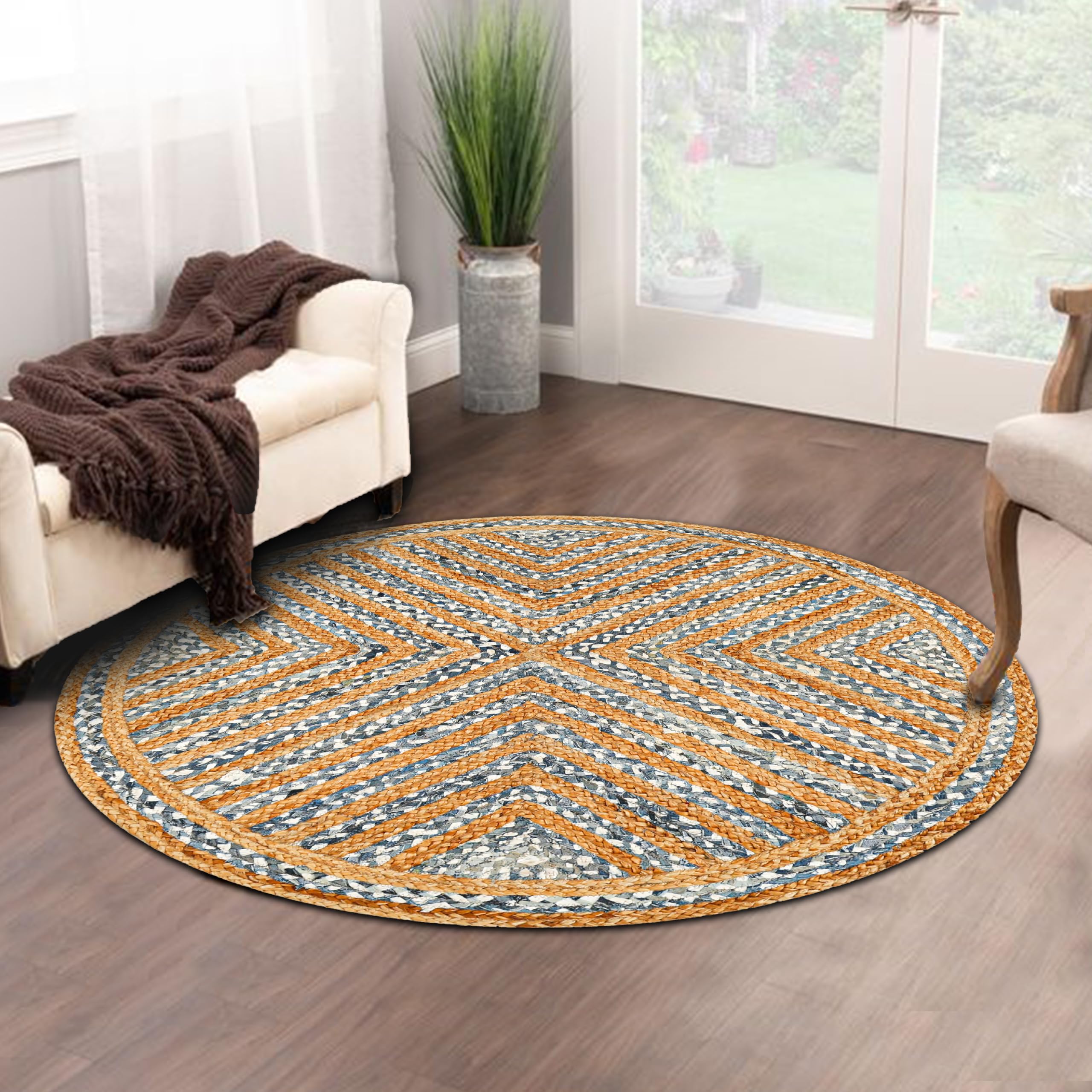 Lightnpro Bohemian-Teppich aus Jute, Baumwolle, Denim, geflochten, rund, Bauernhaus, Jute, Baumwolle, Flickenteppich für Küche, Kinderzimmer, Spielzimmer, bunt, handgewebt, wendbar, haustierfreundlich