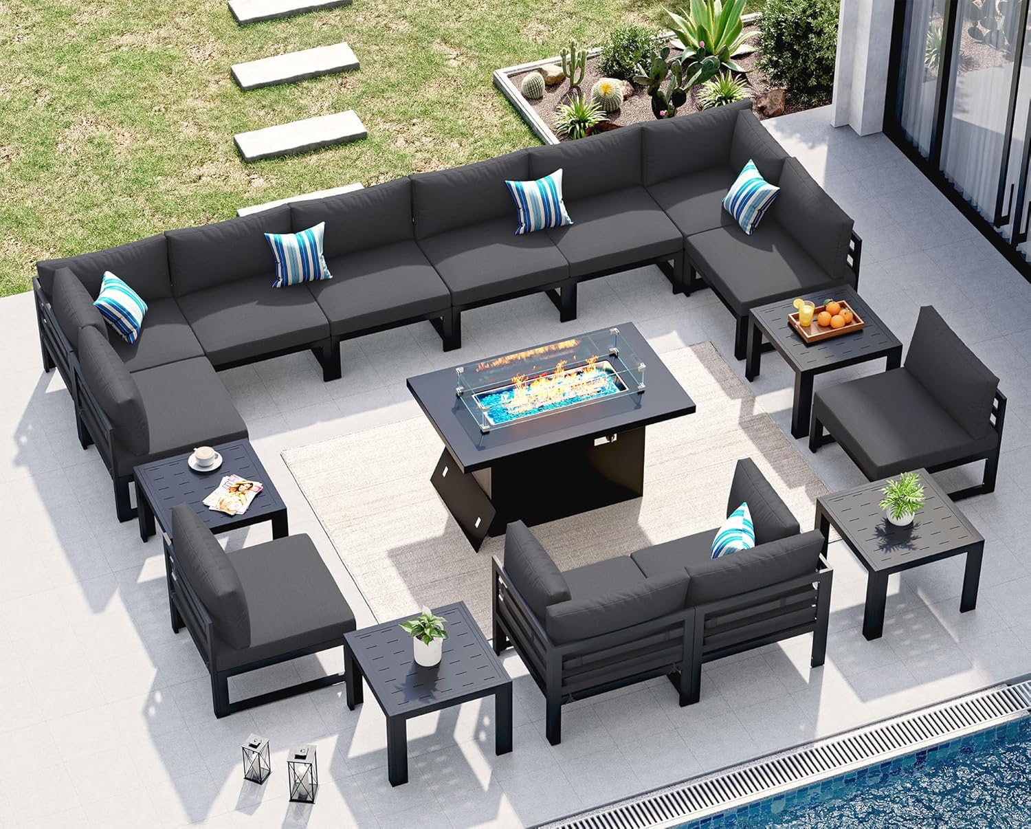 NICESOUL 17 Piece Luxury Aluminum Outdoor Sectional Sofa with Fire Pit Table & E…