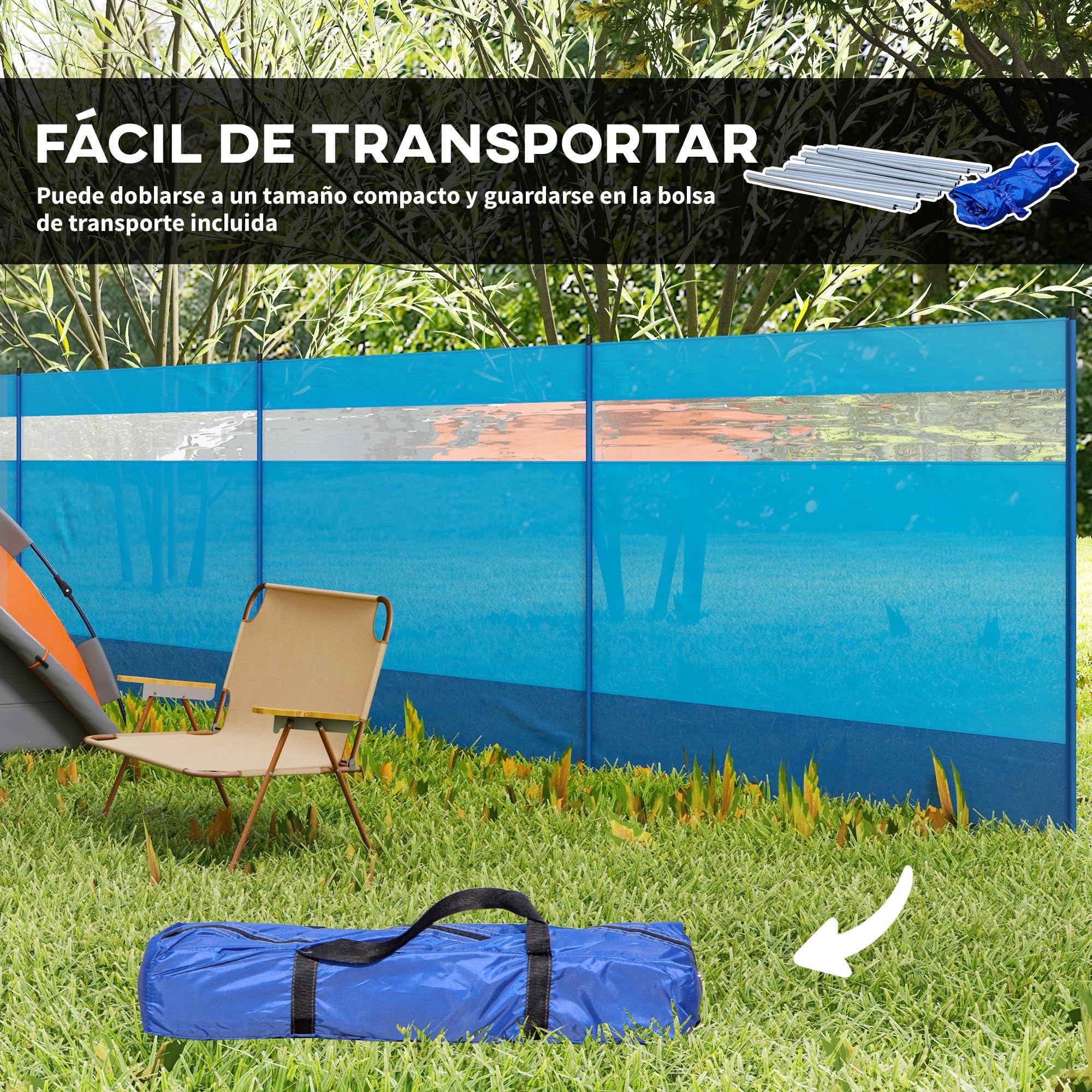 Outsunny Cortavientos para Camping de 4 Paneles, 725x140 cm, Paravientos Playa Impermeable con Postes de Acero, Panel Superior Transparente, Bolsa de Transporte y Estacas, para Playa y Jardín, Azul