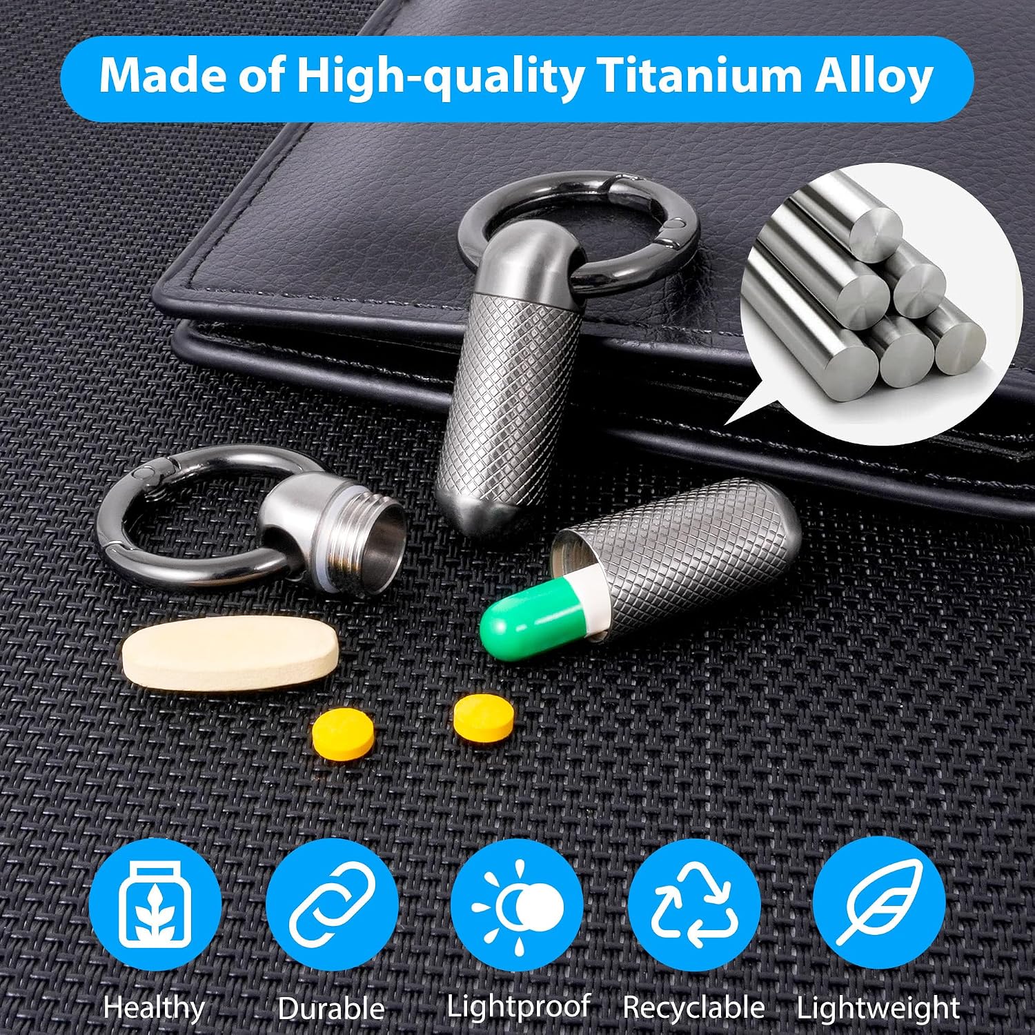Titanium Keychain Pill Holder,Portable Mini Pill Case, Waterproof Small Pill Container,Mental Pocket Pill Case for Travel Purse